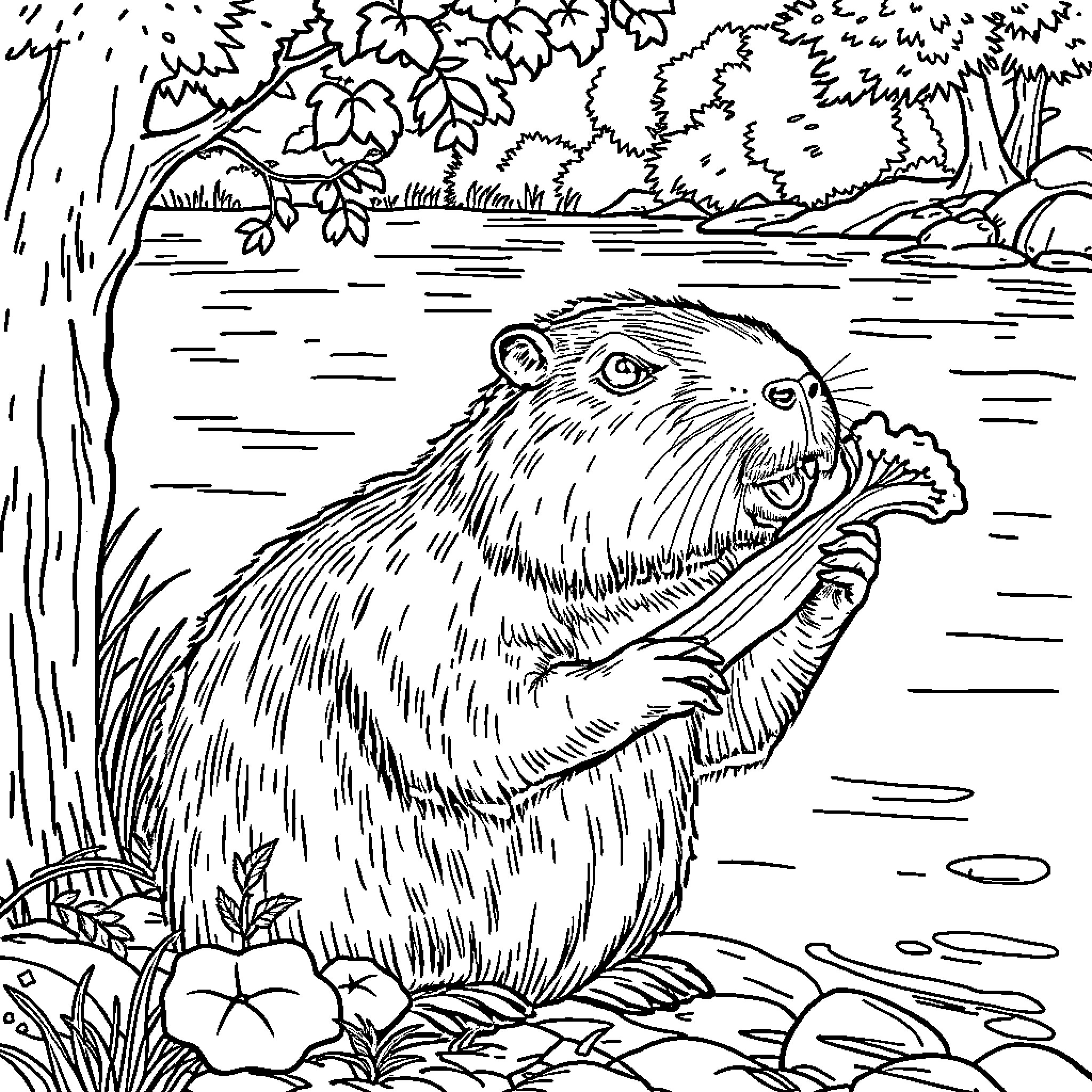 Capybara enjoying nature in a serene landscape Coloring Page (free black-and-white line drawing printable PDF for all, from beginners to advanced learners, including children, teens, adults, and seniors)