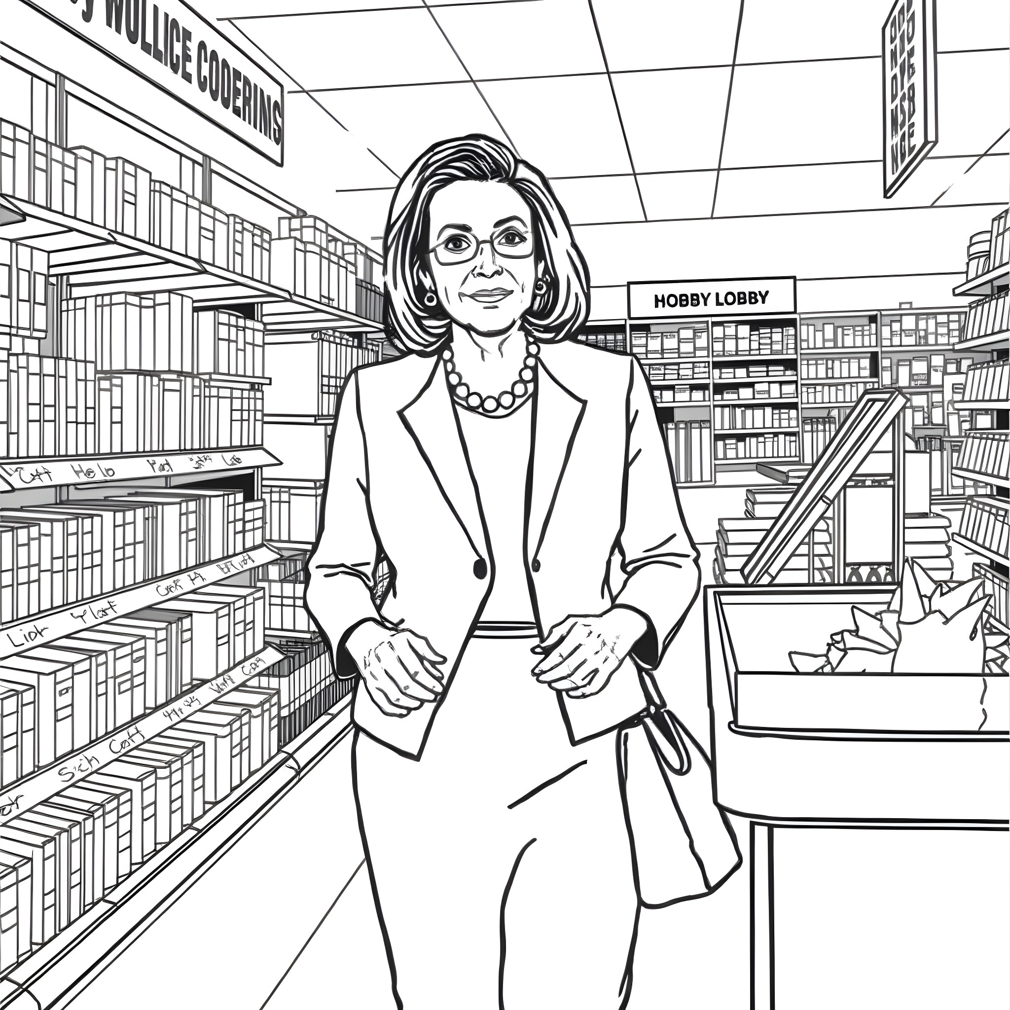 Nancy Pelosi Browsing in a Hobby Lobby Store Coloring Page (free black-and-white line drawing printable PDF for all, from beginners to advanced learners, including children, teens, adults, and seniors)