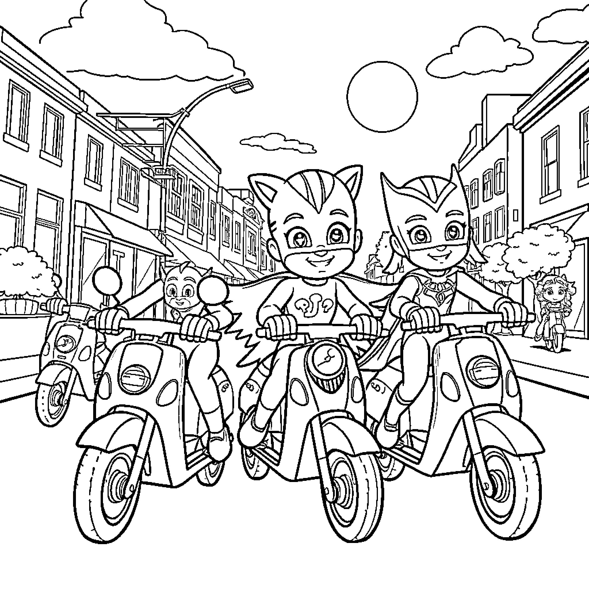 Pj Masks characters on scooters in the city Coloring Page (free black-and-white line drawing printable PDF for all, from beginners to advanced learners, including children, teens, adults, and seniors)