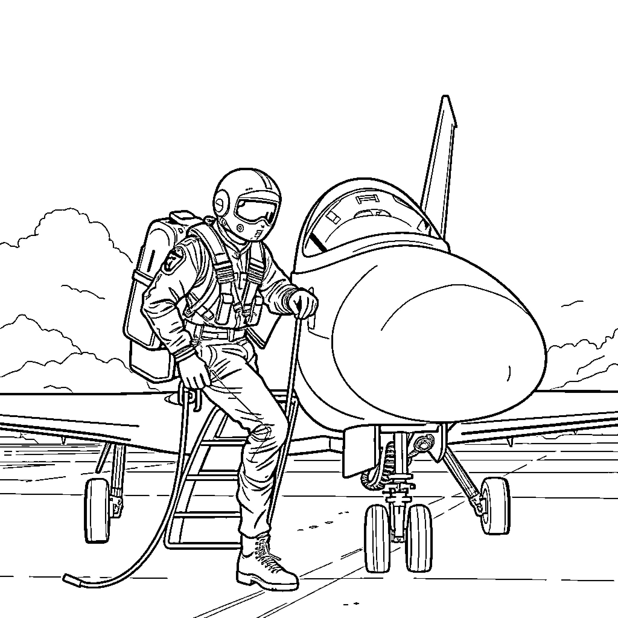 Fighter Pilot Preparing for Takeoff Coloring Page (free black-and-white line drawing printable PDF for all, from beginners to advanced learners, including children, teens, adults, and seniors)