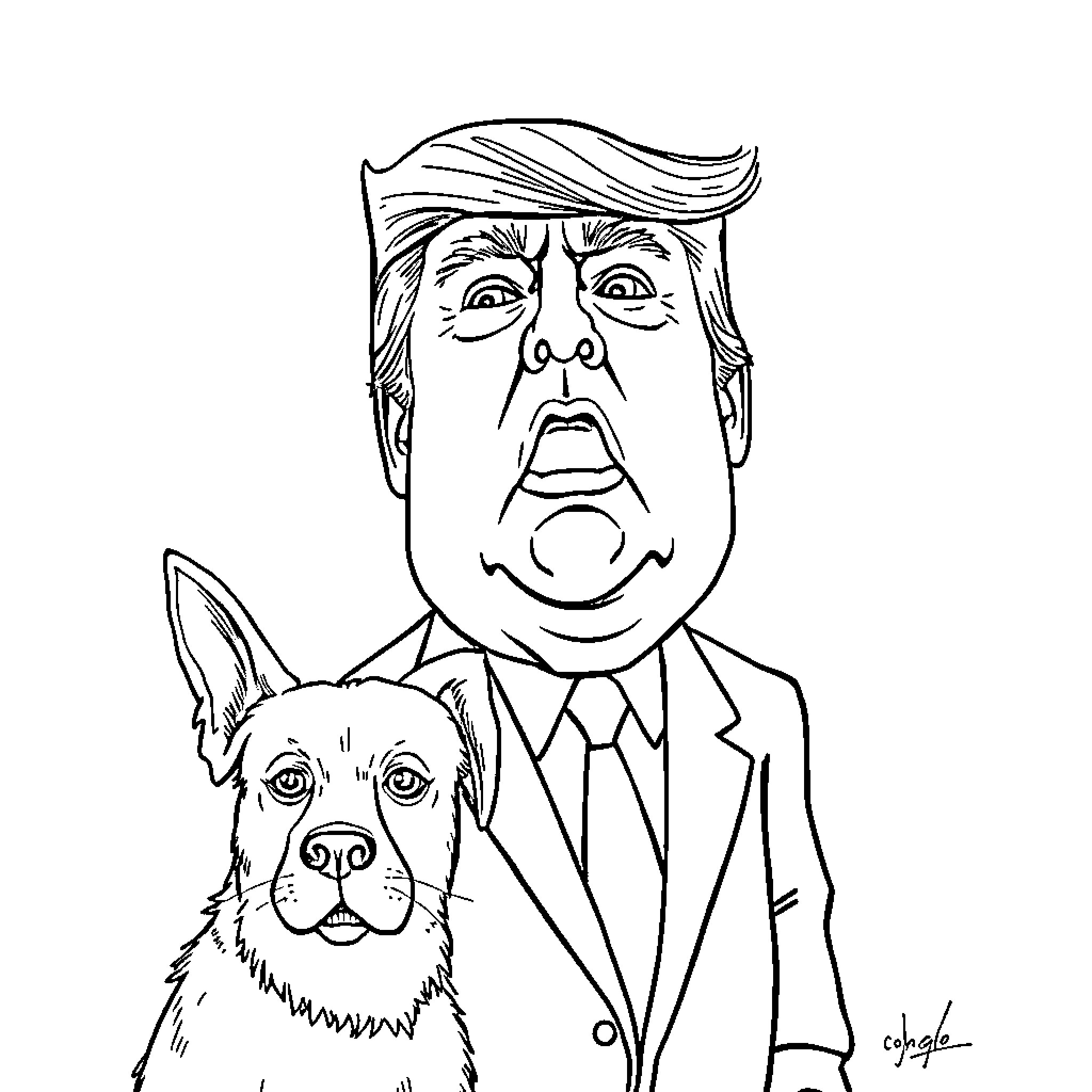 Trump and his loyal companion Coloring Page (free black-and-white line drawing printable PDF for all, from beginners to advanced learners, including children, teens, adults, and seniors)