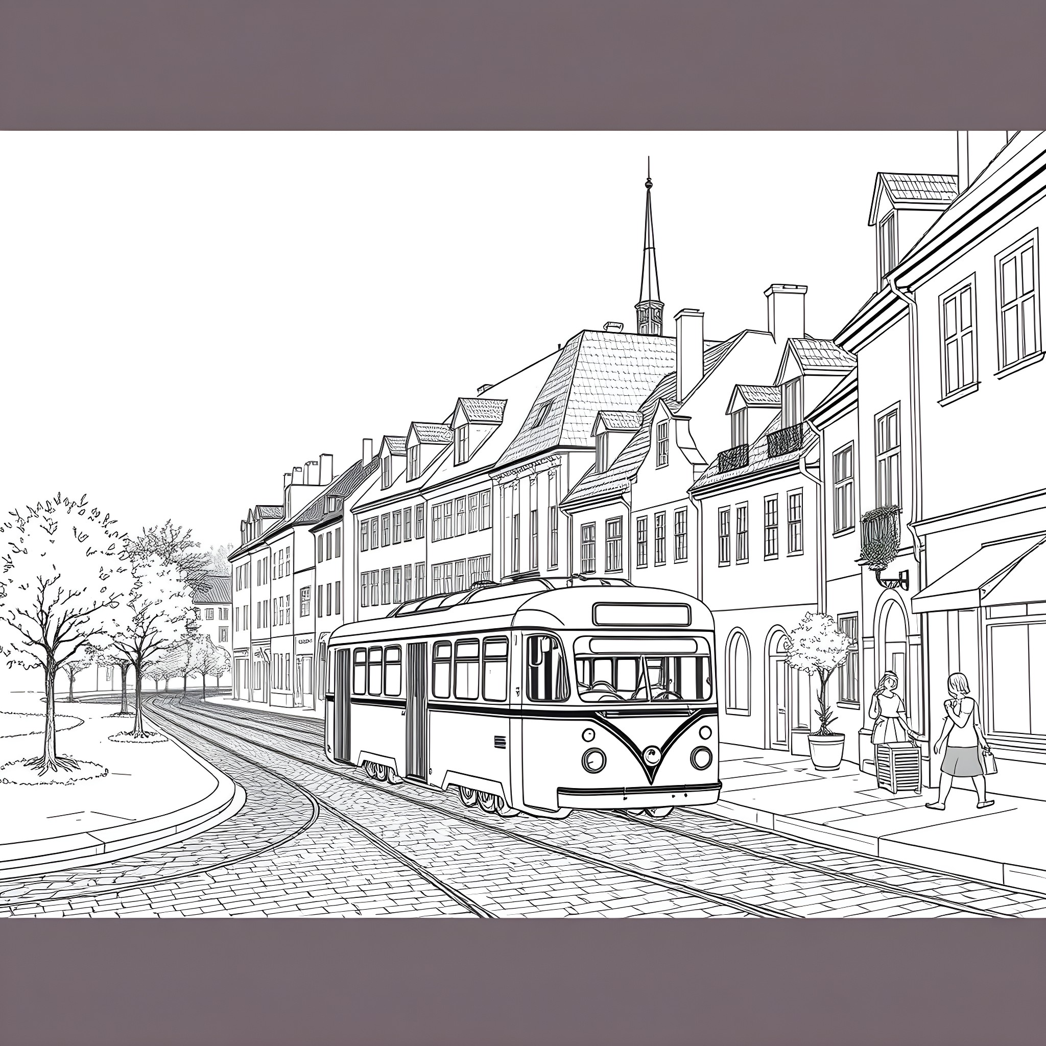 Bus traveling through a historic European city street Coloring Page (free black-and-white line drawing printable PDF for all, from beginners to advanced learners, including children, teens, adults, and seniors)