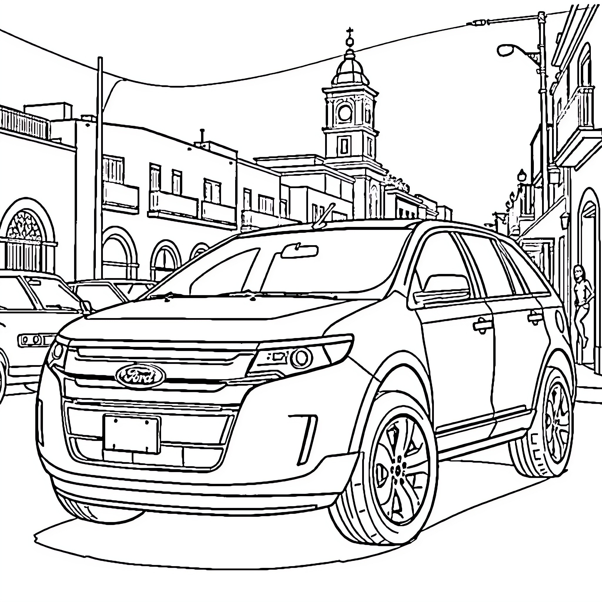 Ford SUV in urban cityscape with landmarks Coloring Page (free black-and-white line drawing printable PDF for all, from beginners to advanced learners, including children, teens, adults, and seniors)