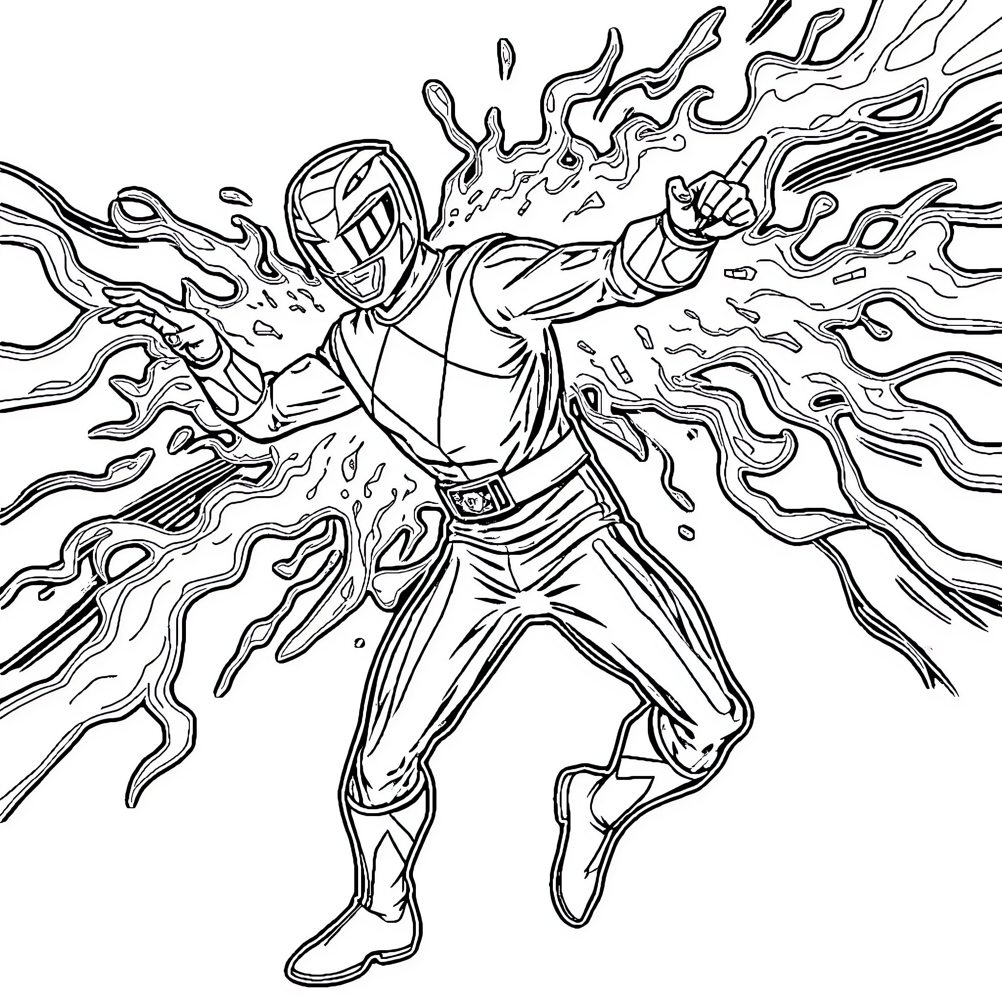 Power Ranger Unleashing Powerful Energy Blast Coloring Page (free black-and-white line drawing printable PDF for all, from beginners to advanced learners, including children, teens, adults, and seniors)
