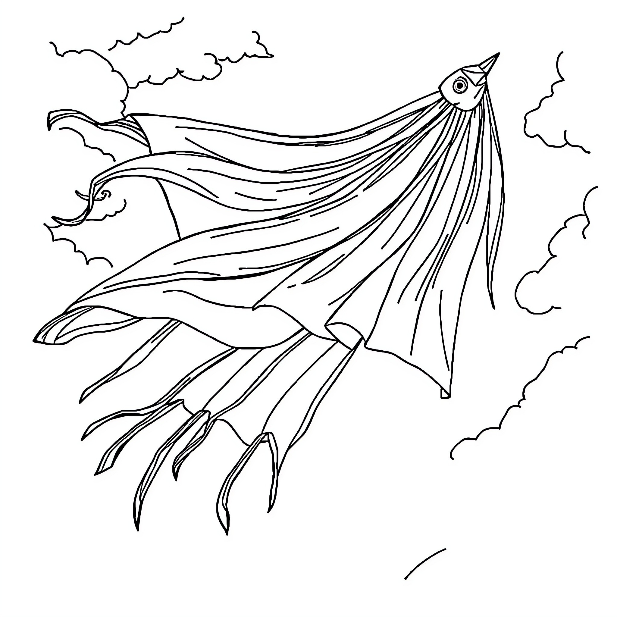 Kanaky Flag: Mythical creature soaring through the sky Coloring Page (free black-and-white line drawing printable PDF for all, from beginners to advanced learners, including children, teens, adults, and seniors)