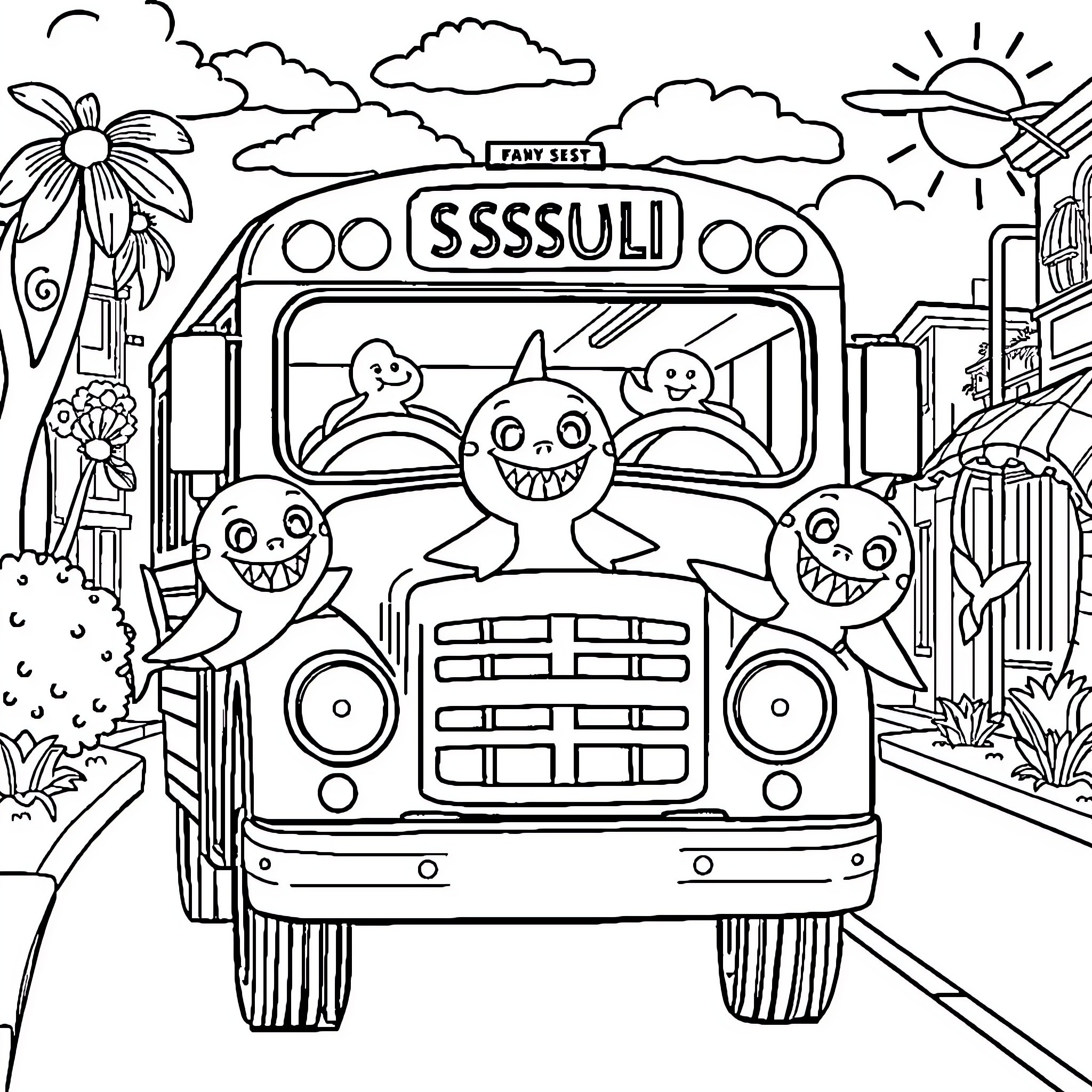 Shark-themed school bus carrying happy students Coloring Page (free black-and-white line drawing printable PDF for all, from beginners to advanced learners, including children, teens, adults, and seniors)