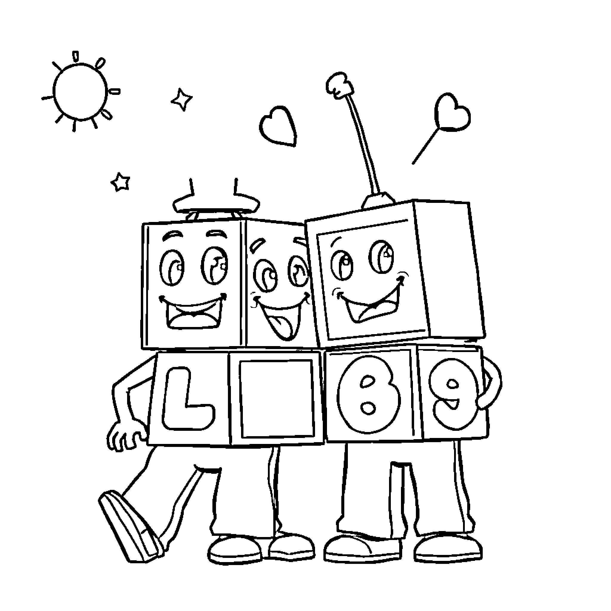 Numberblock characters playing happily together Coloring Page (free black-and-white line drawing printable PDF for all, from beginners to advanced learners, including children, teens, adults, and seniors)