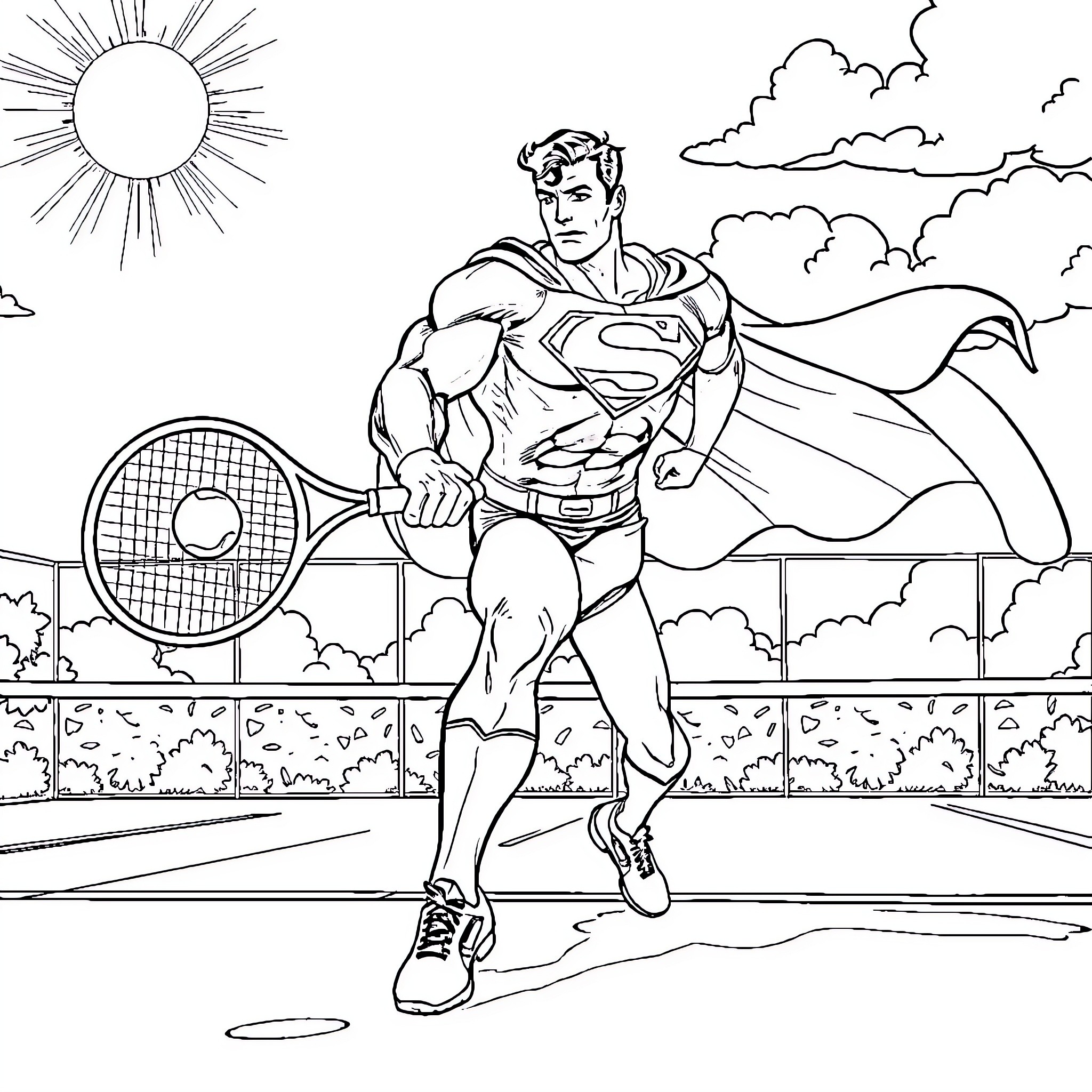 Superman Playing Tennis in the Outdoors Coloring Page (free black-and-white line drawing printable PDF for all, from beginners to advanced learners, including children, teens, adults, and seniors)
