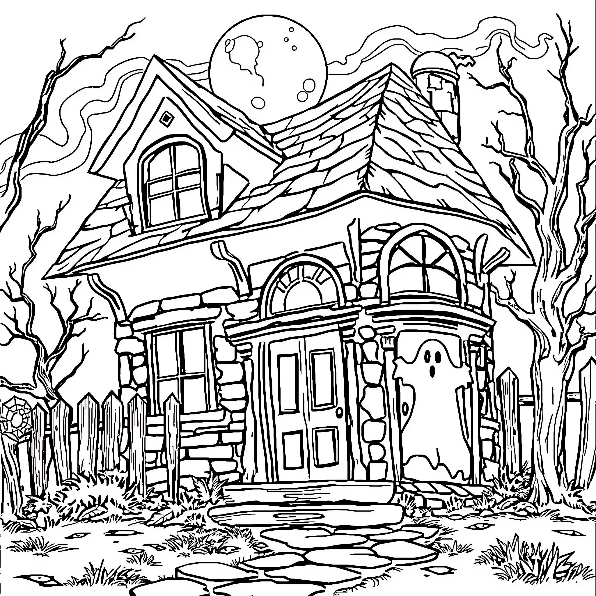 Haunted House with Ghostly Figures and Eerie Atmosphere Coloring Page (free black-and-white line drawing printable PDF for all, from beginners to advanced learners, including children, teens, adults, and seniors)
