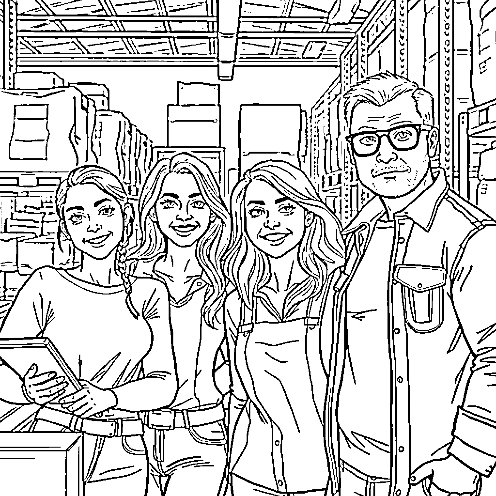 Friend Group Enjoying Time Together in Warehouse Coloring Page (free black-and-white line drawing printable PDF for all, from beginners to advanced learners, including children, teens, adults, and seniors)