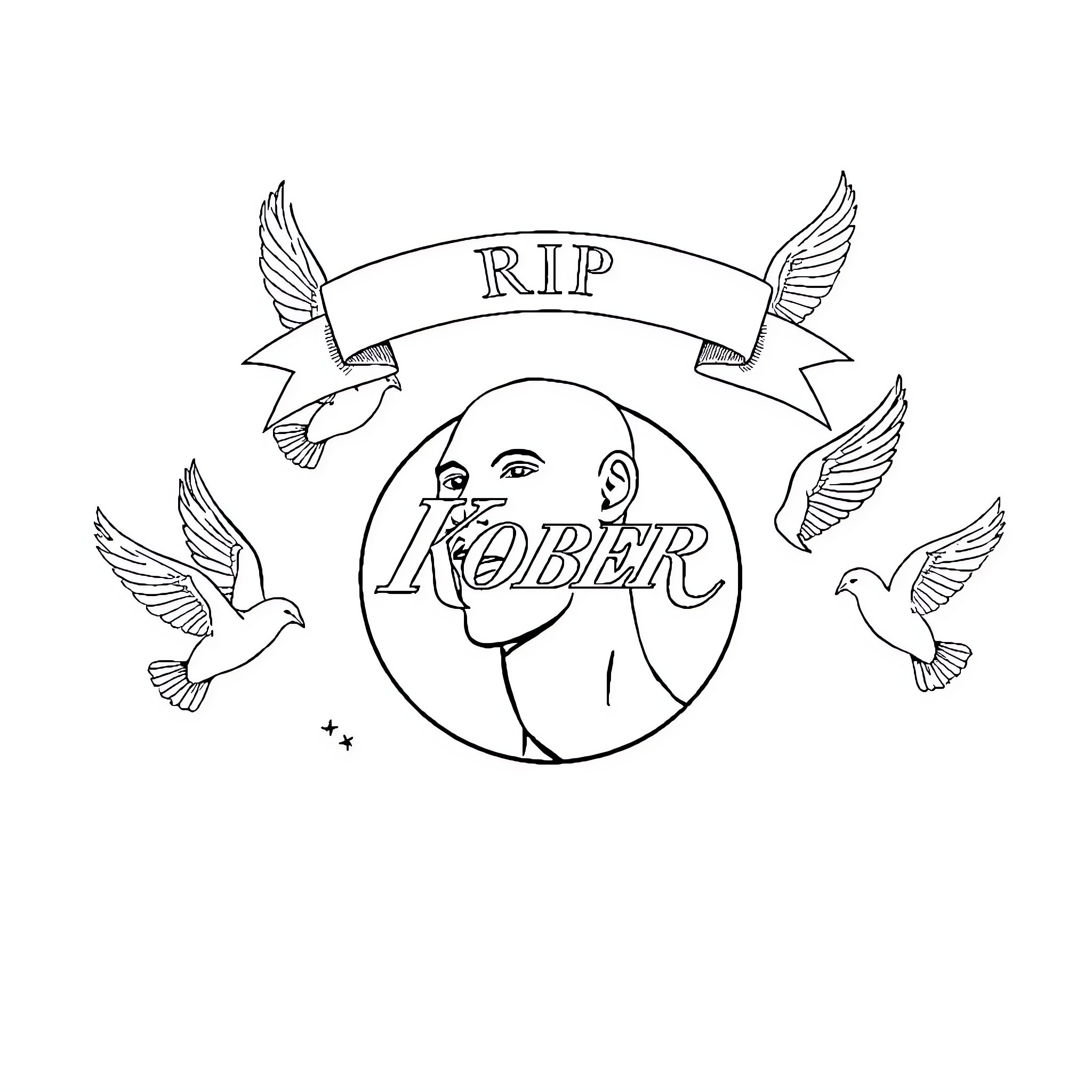 Kobe Bryant Memorial Illustration with Doves and Banner Coloring Page (free black-and-white line drawing printable PDF for all, from beginners to advanced learners, including children, teens, adults, and seniors)