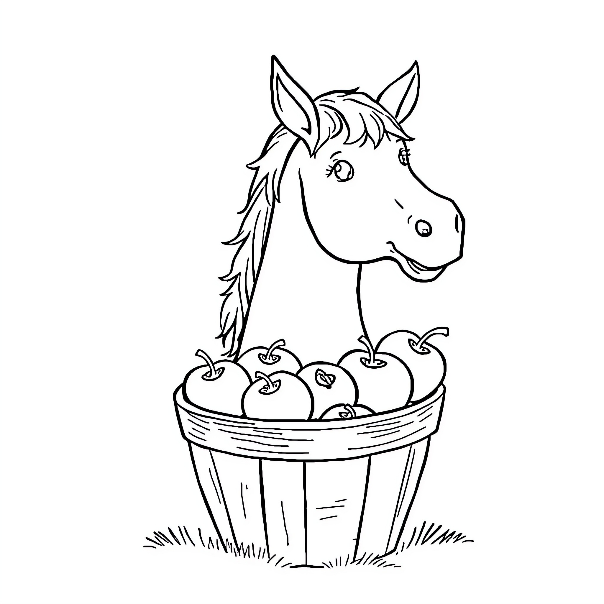 Horse with basket of apples in the meadow Coloring Page (free black-and-white line drawing printable PDF for all, from beginners to advanced learners, including children, teens, adults, and seniors)