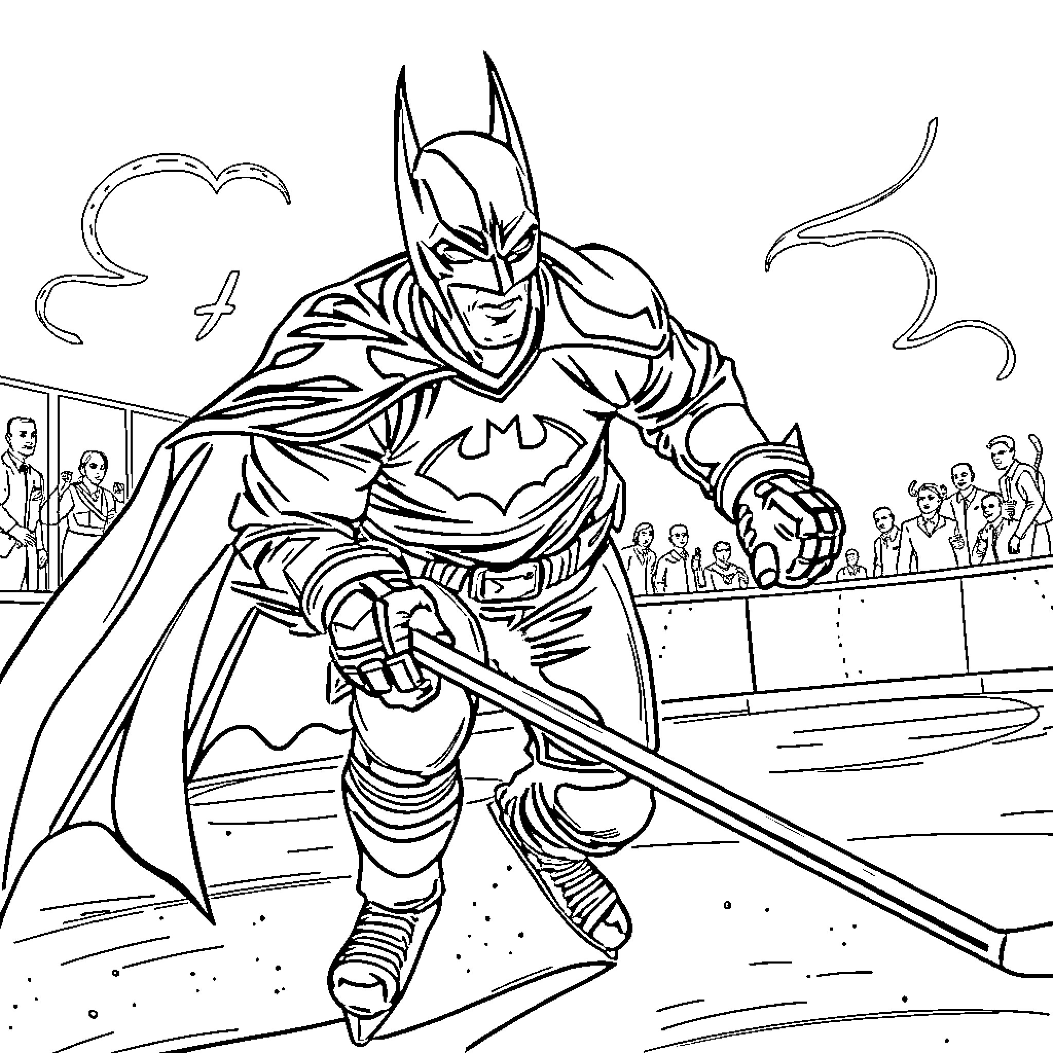 Batman heroically battles in the arena Coloring Page (free black-and-white line drawing printable PDF for all, from beginners to advanced learners, including children, teens, adults, and seniors)