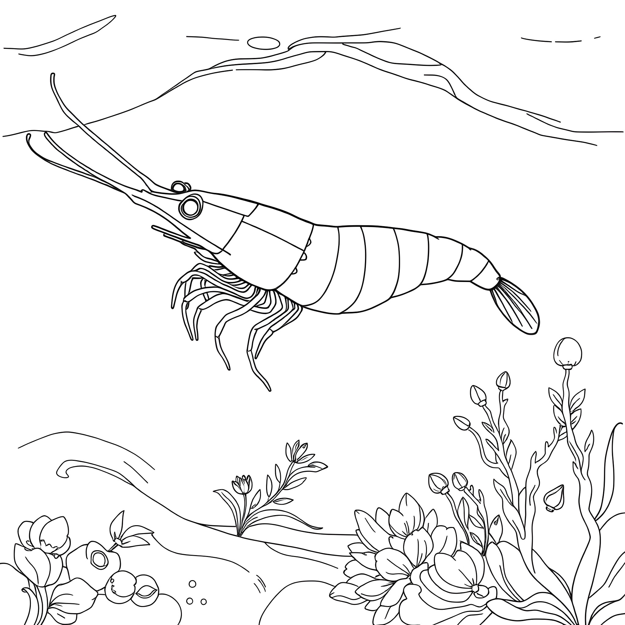 Shrimp swimming through an underwater garden Coloring Page (free black-and-white line drawing printable PDF for all, from beginners to advanced learners, including children, teens, adults, and seniors)