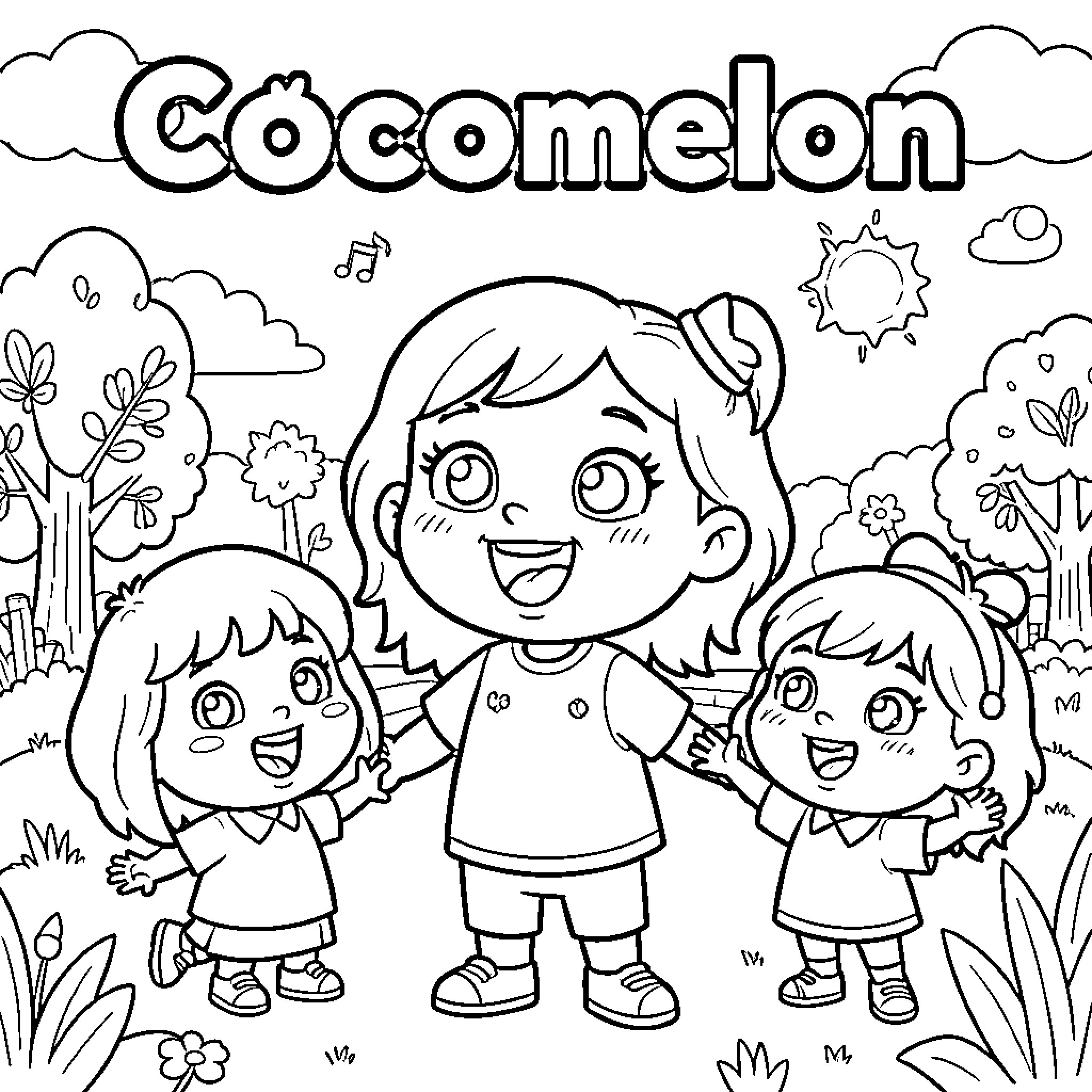 Cocomelon Friends Playing in Nature Coloring Page (free black-and-white line drawing printable PDF for all, from beginners to advanced learners, including children, teens, adults, and seniors)
