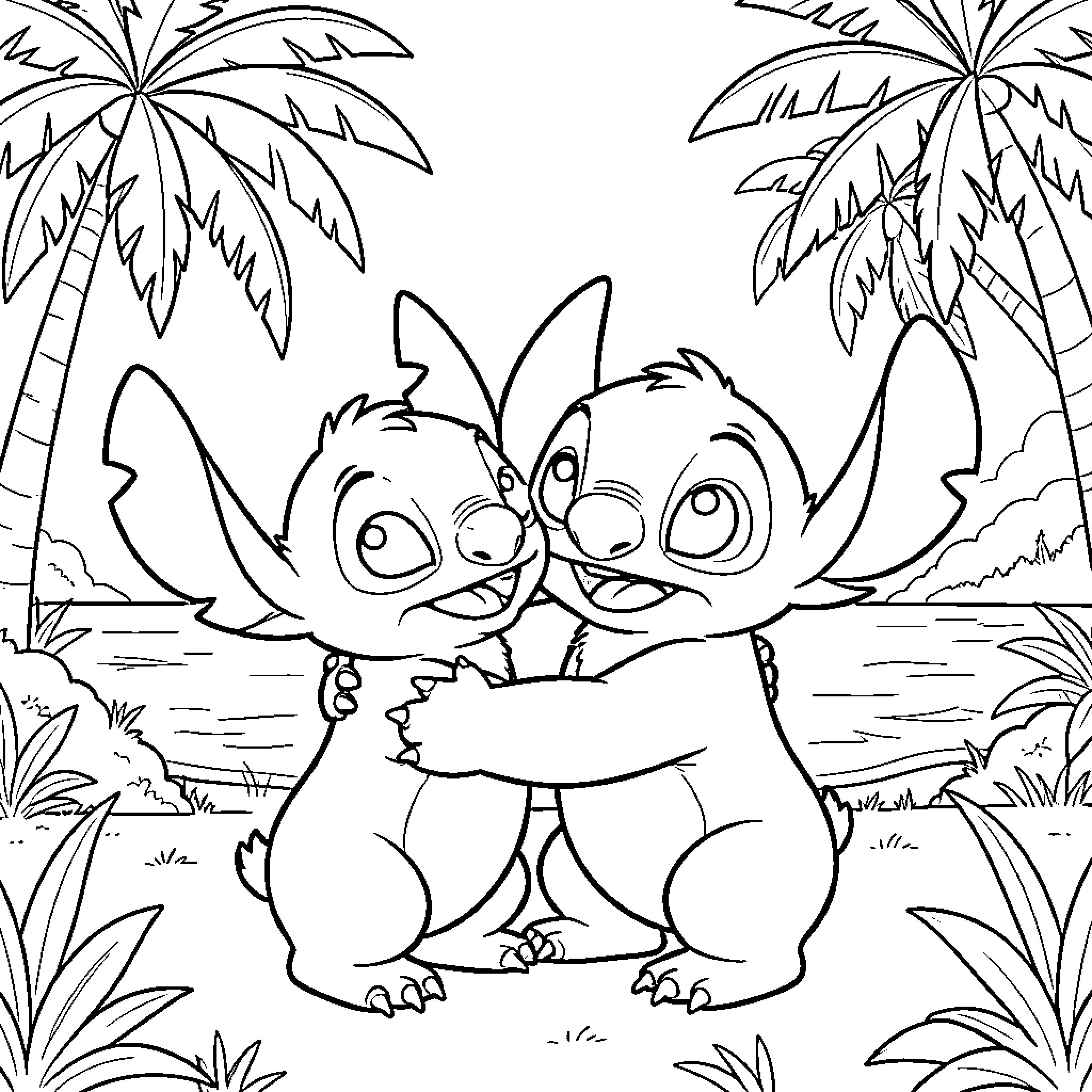 Lilo and Stitch enjoying a tropical adventure Coloring Page (free black-and-white line drawing printable PDF for all, from beginners to advanced learners, including children, teens, adults, and seniors)
