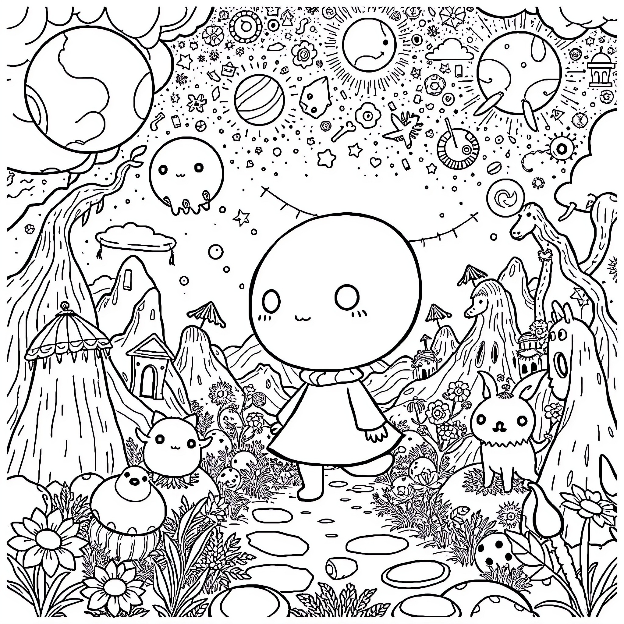 Omori's Whimsical Adventure in a Fantastical Realm Coloring Page (free black-and-white line drawing printable PDF for all, from beginners to advanced learners, including children, teens, adults, and seniors)