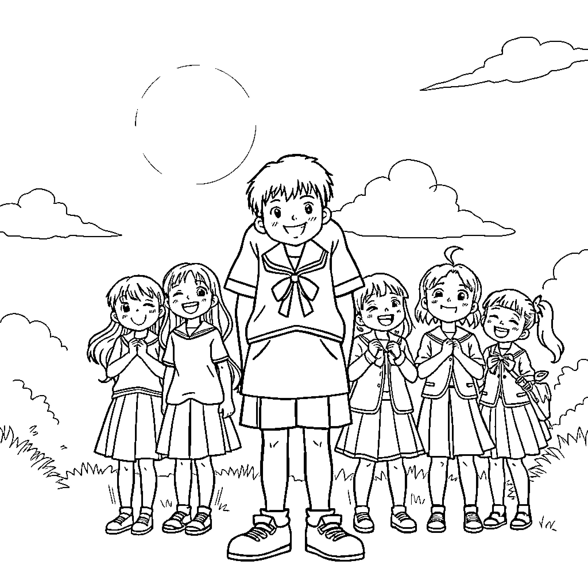 Schoolgirls in uniform cheerfully gathered outdoors Coloring Page (free black-and-white line drawing printable PDF for all, from beginners to advanced learners, including children, teens, adults, and seniors)
