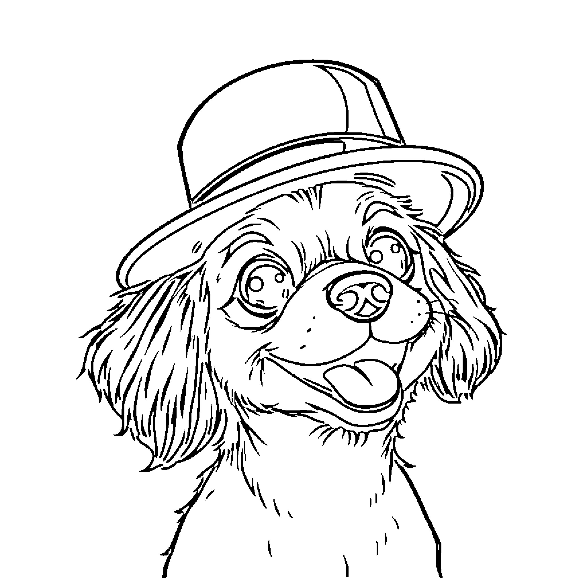 Dog wearing a hat with a happy expression Coloring Page (free black-and-white line drawing printable PDF for all, from beginners to advanced learners, including children, teens, adults, and seniors)
