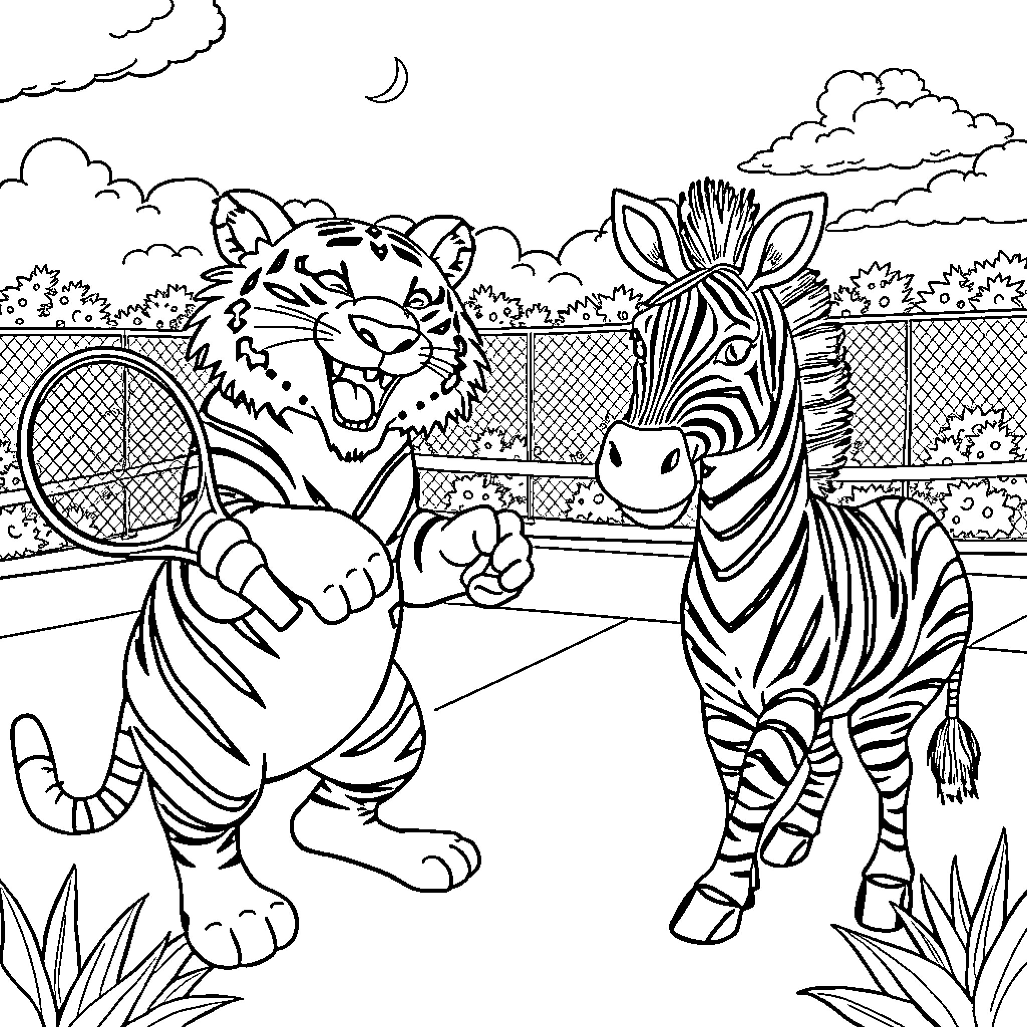 Tiger and Zebra Interacting in Zoo Enclosure Coloring Page (free black-and-white line drawing printable PDF for all, from beginners to advanced learners, including children, teens, adults, and seniors)