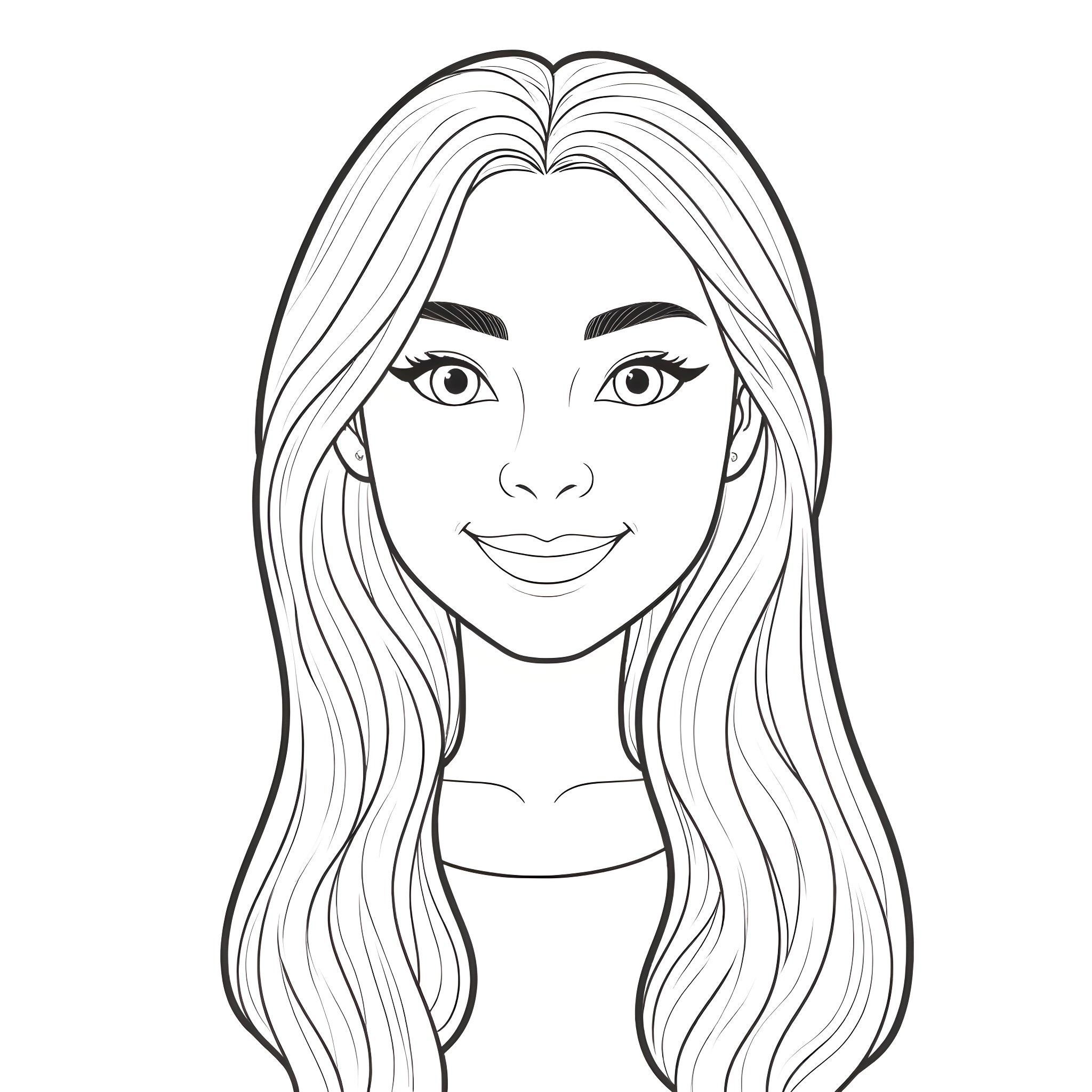 Angela White's Smiling Portrait Coloring Page (free black-and-white line drawing printable PDF for all, from beginners to advanced learners, including children, teens, adults, and seniors)