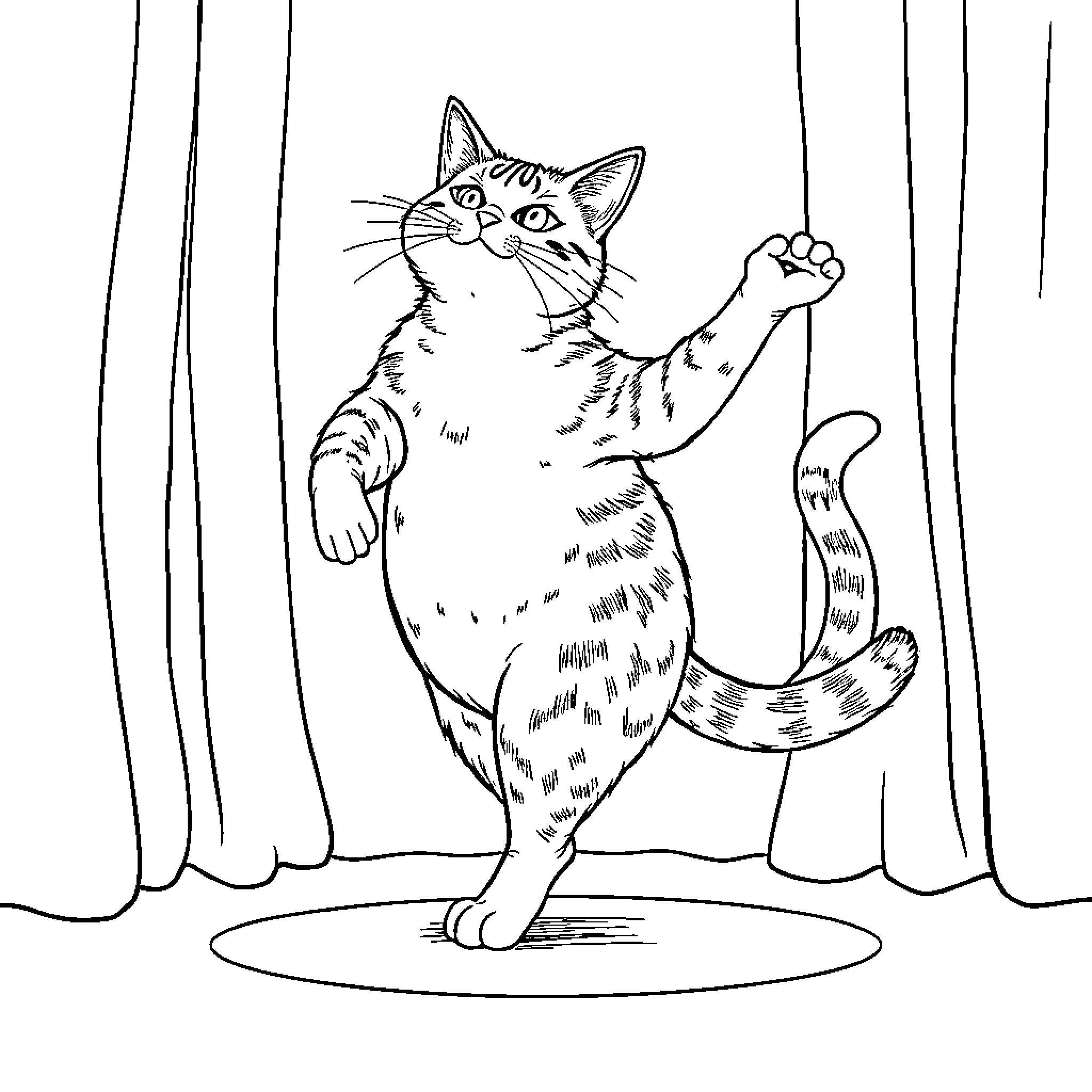 Cat performing on stage Coloring Page (free black-and-white line drawing printable PDF for all, from beginners to advanced learners, including children, teens, adults, and seniors)