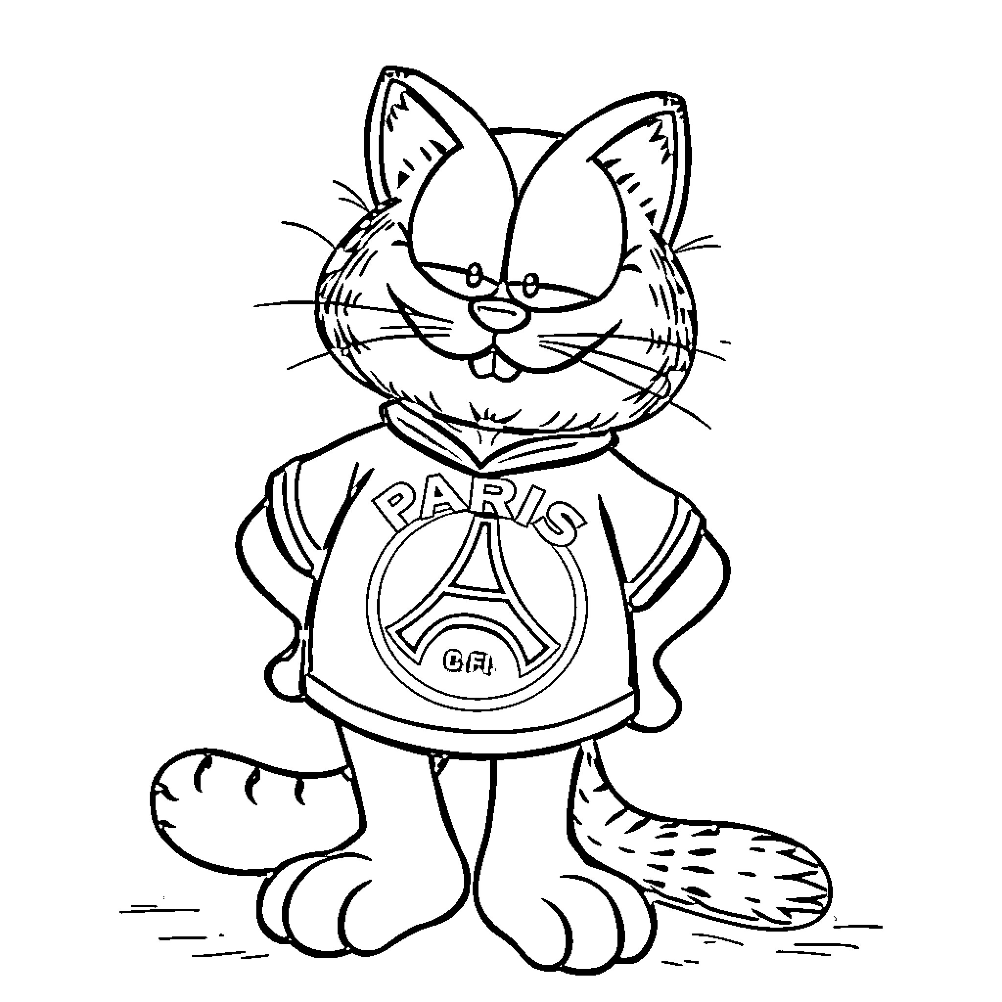 Garfield wearing a Paris soccer jersey Coloring Page (free black-and-white line drawing printable PDF for all, from beginners to advanced learners, including children, teens, adults, and seniors)