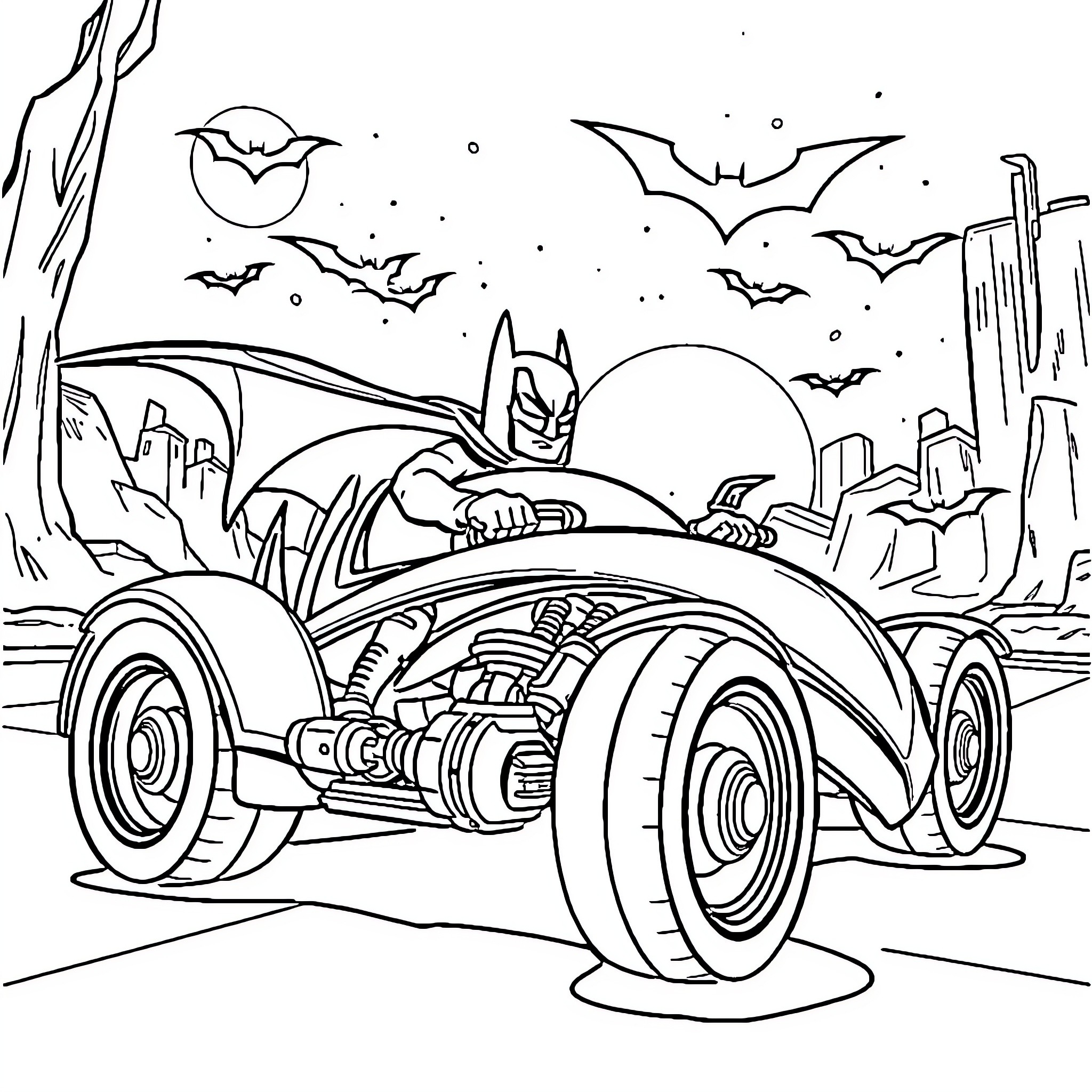 Batwheels racing through the night city Coloring Page (free black-and-white line drawing printable PDF for all, from beginners to advanced learners, including children, teens, adults, and seniors)