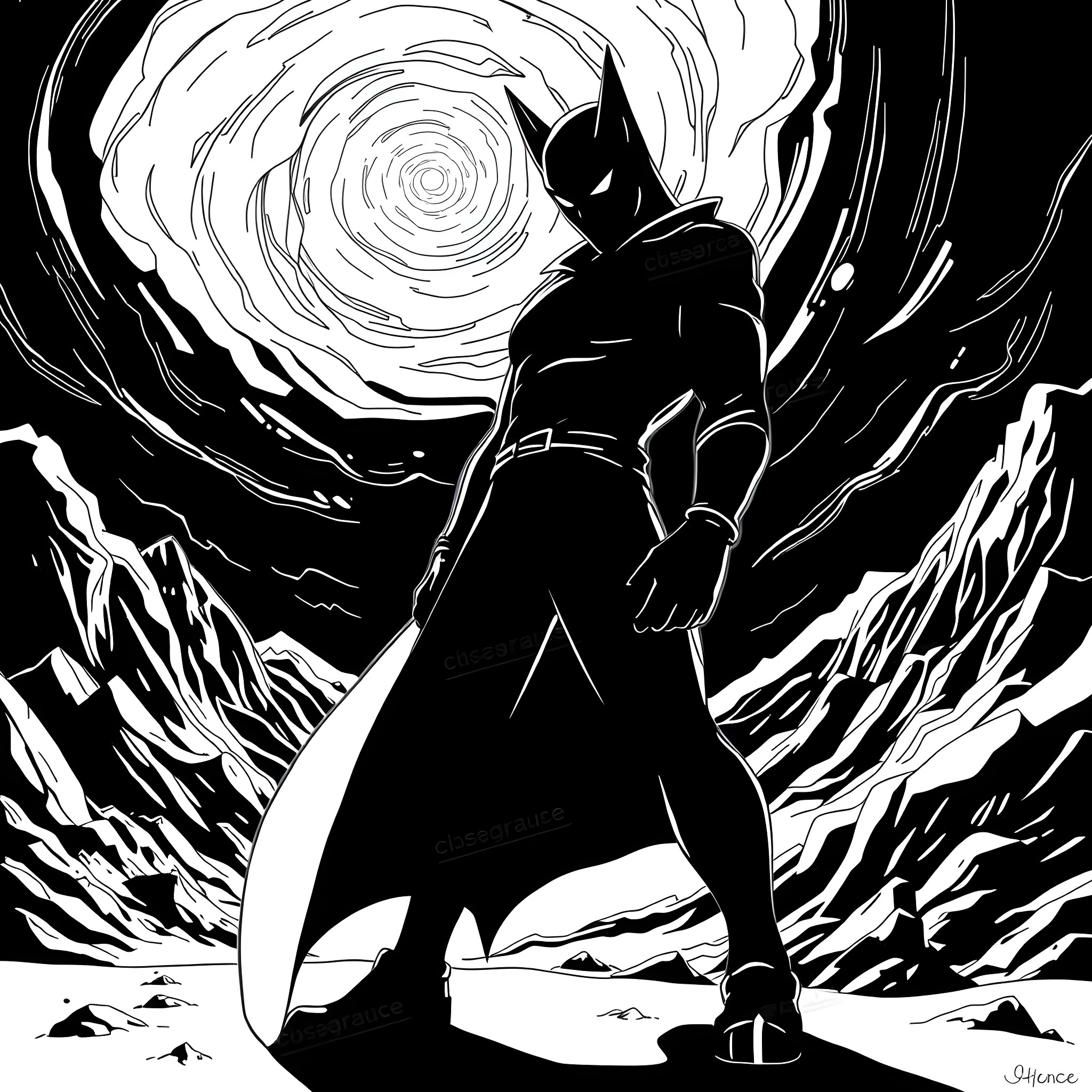 Shadow of the Caped Crusader's Heroic Stance Coloring Page (free black-and-white line drawing printable PDF for all, from beginners to advanced learners, including children, teens, adults, and seniors)