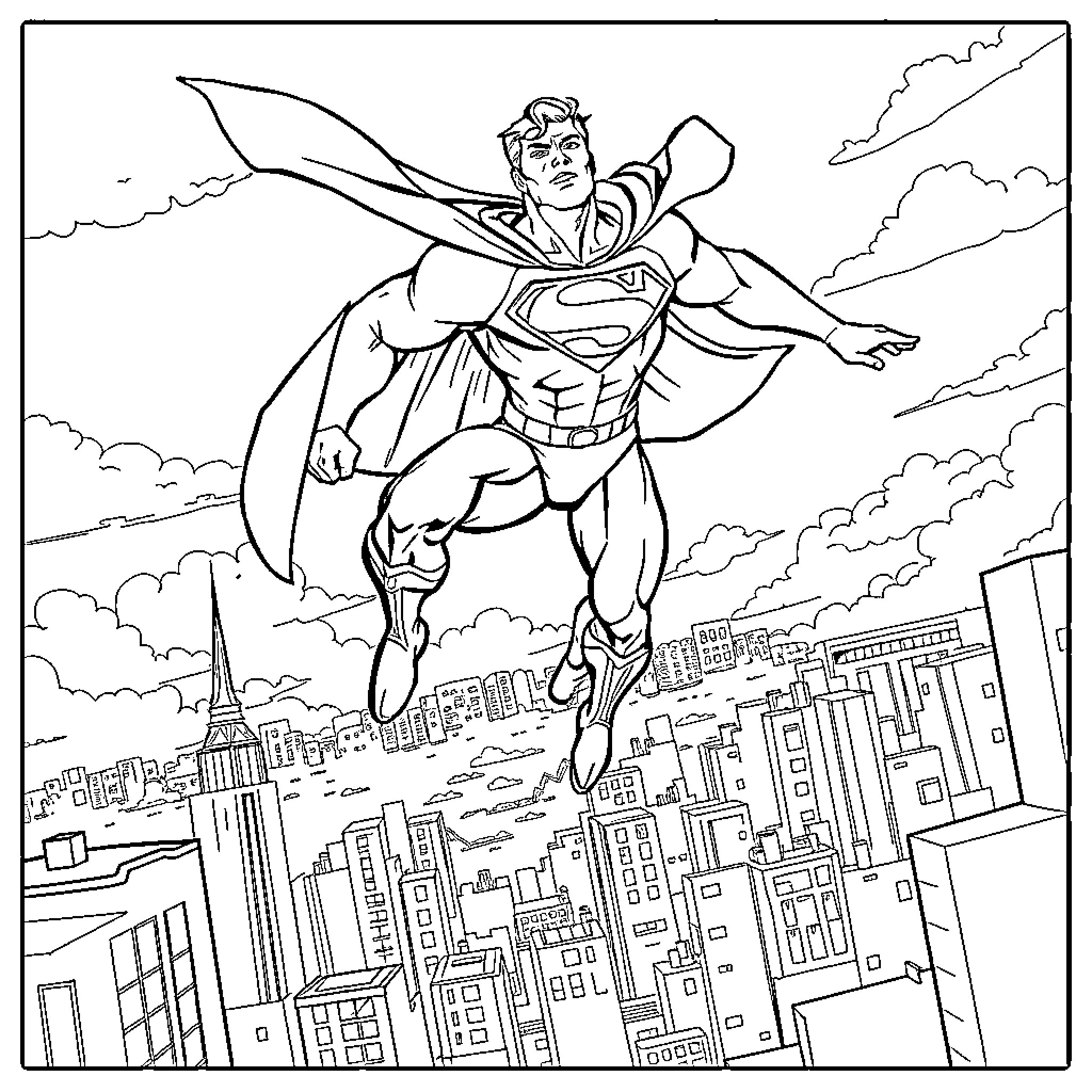 Superman heroically soaring over a city skyline Coloring Page (free black-and-white line drawing printable PDF for all, from beginners to advanced learners, including children, teens, adults, and seniors)