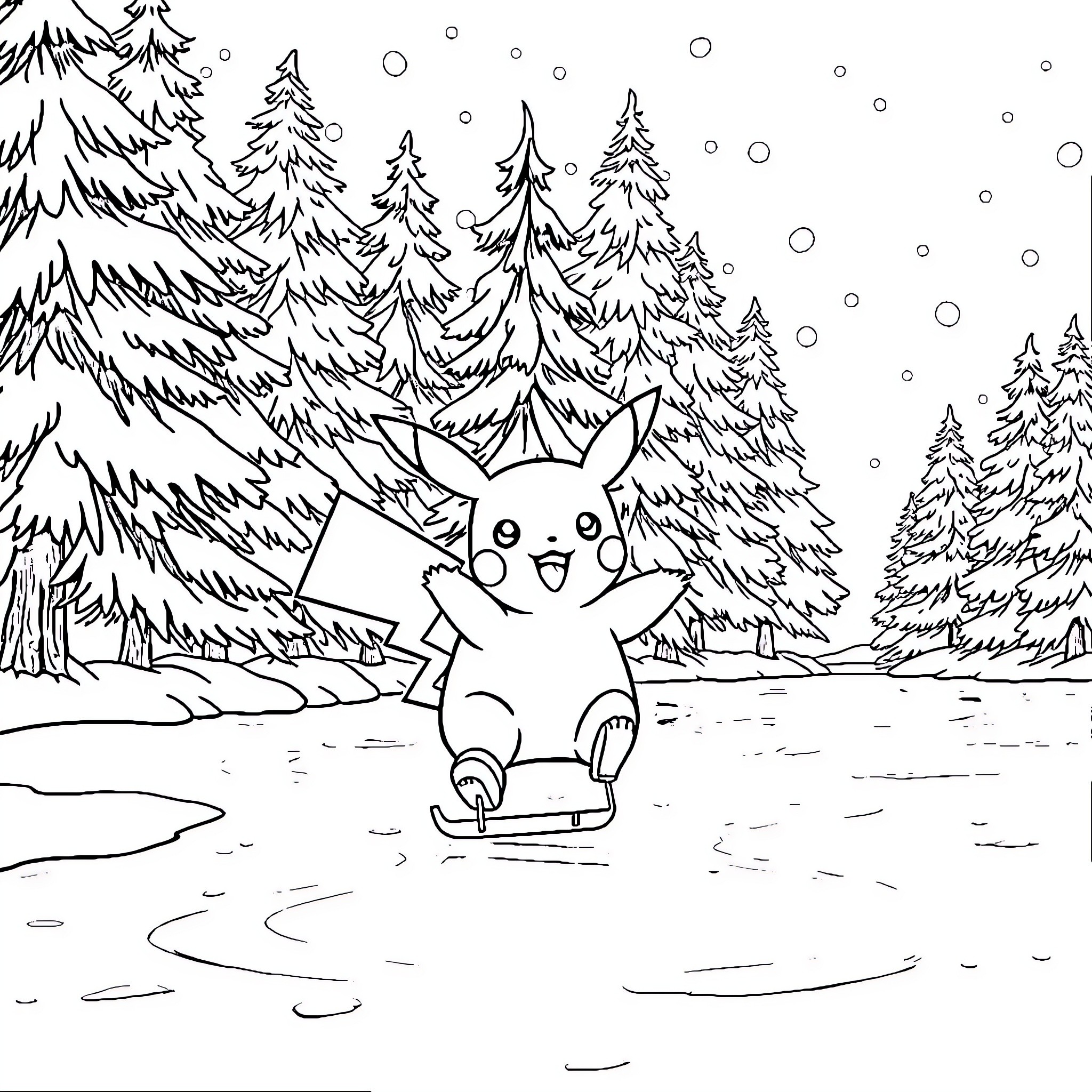 Pikachu playing in the snowy forest Coloring Page (free black-and-white line drawing printable PDF for all, from beginners to advanced learners, including children, teens, adults, and seniors)