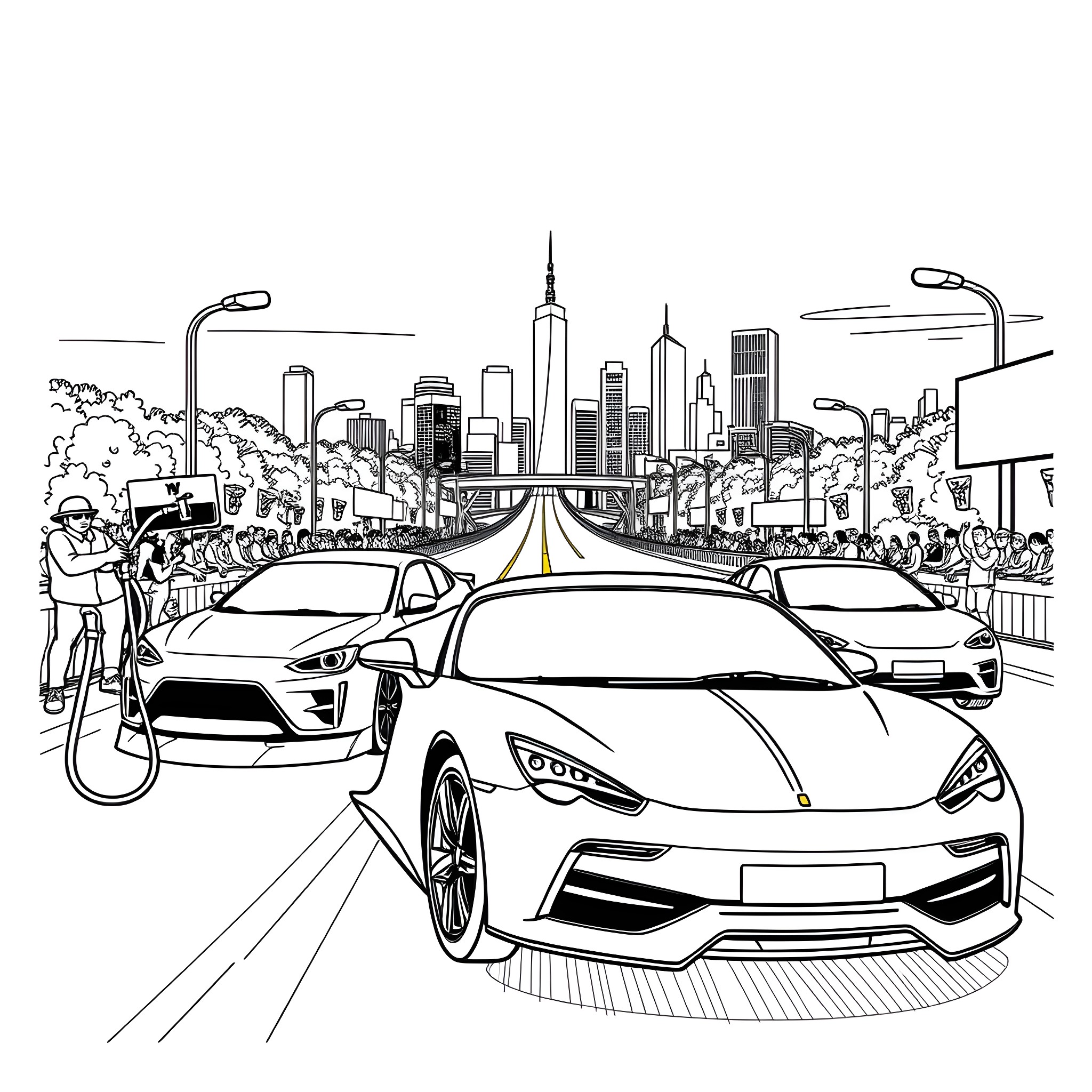 Cars Racing on Busy City Street Coloring Page (free black-and-white line drawing printable PDF for all, from beginners to advanced learners, including children, teens, adults, and seniors)