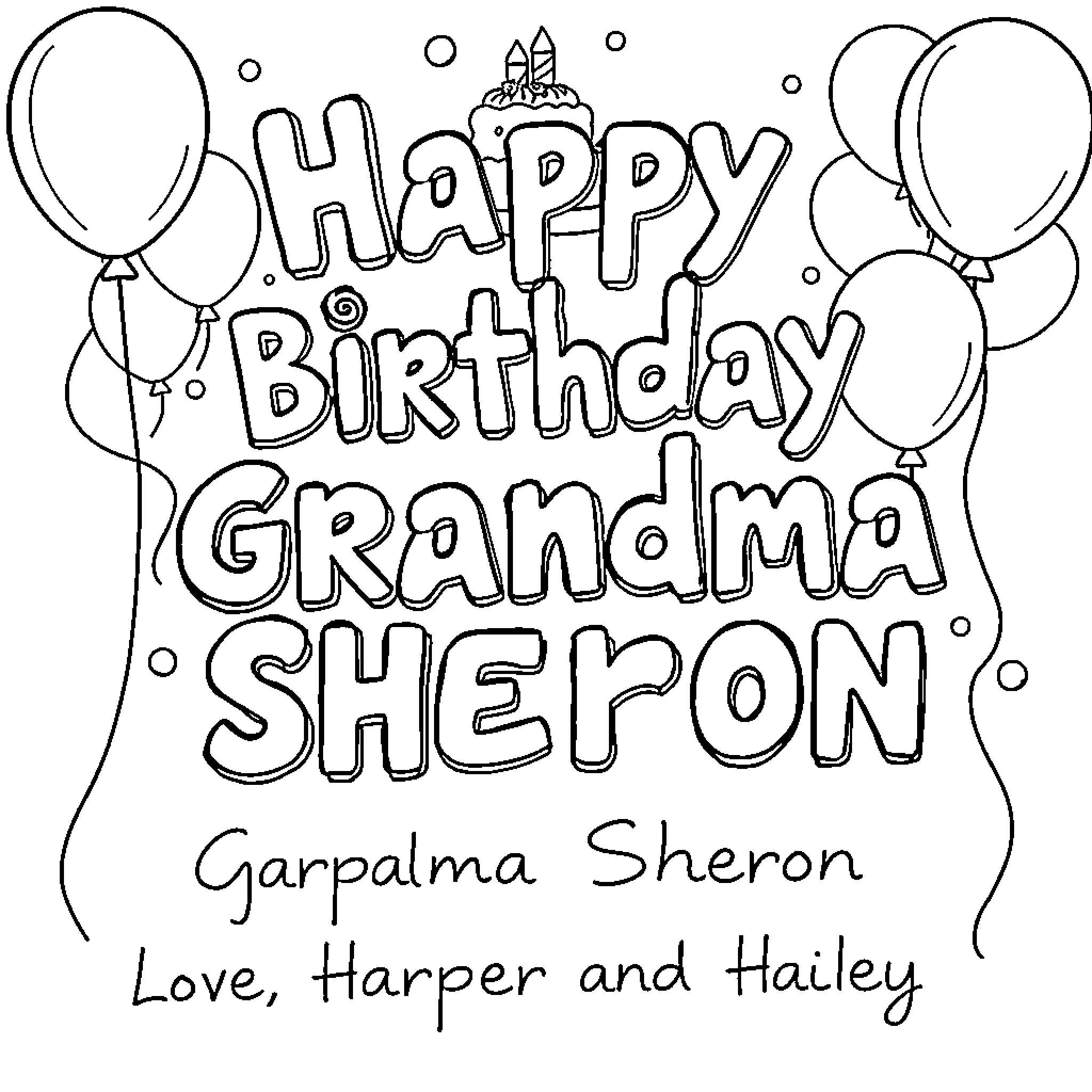 Grandma's Happy Birthday Celebration with Balloons Coloring Page (free black-and-white line drawing printable PDF for all, from beginners to advanced learners, including children, teens, adults, and seniors)