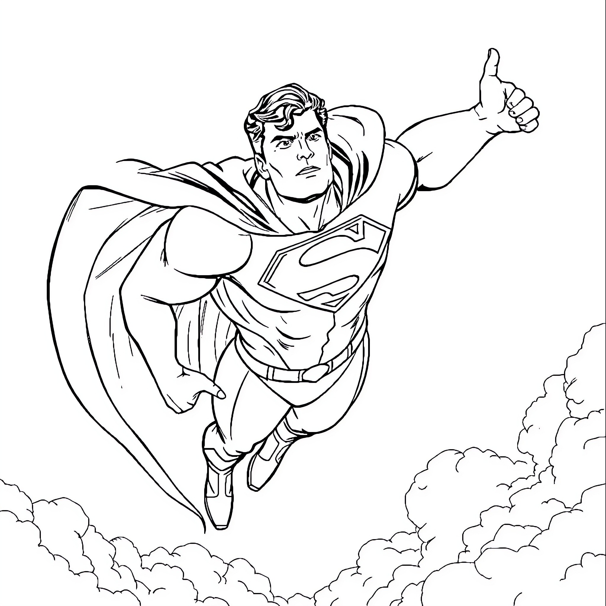 Superman soaring heroically through the skies Coloring Page (free black-and-white line drawing printable PDF for all, from beginners to advanced learners, including children, teens, adults, and seniors)
