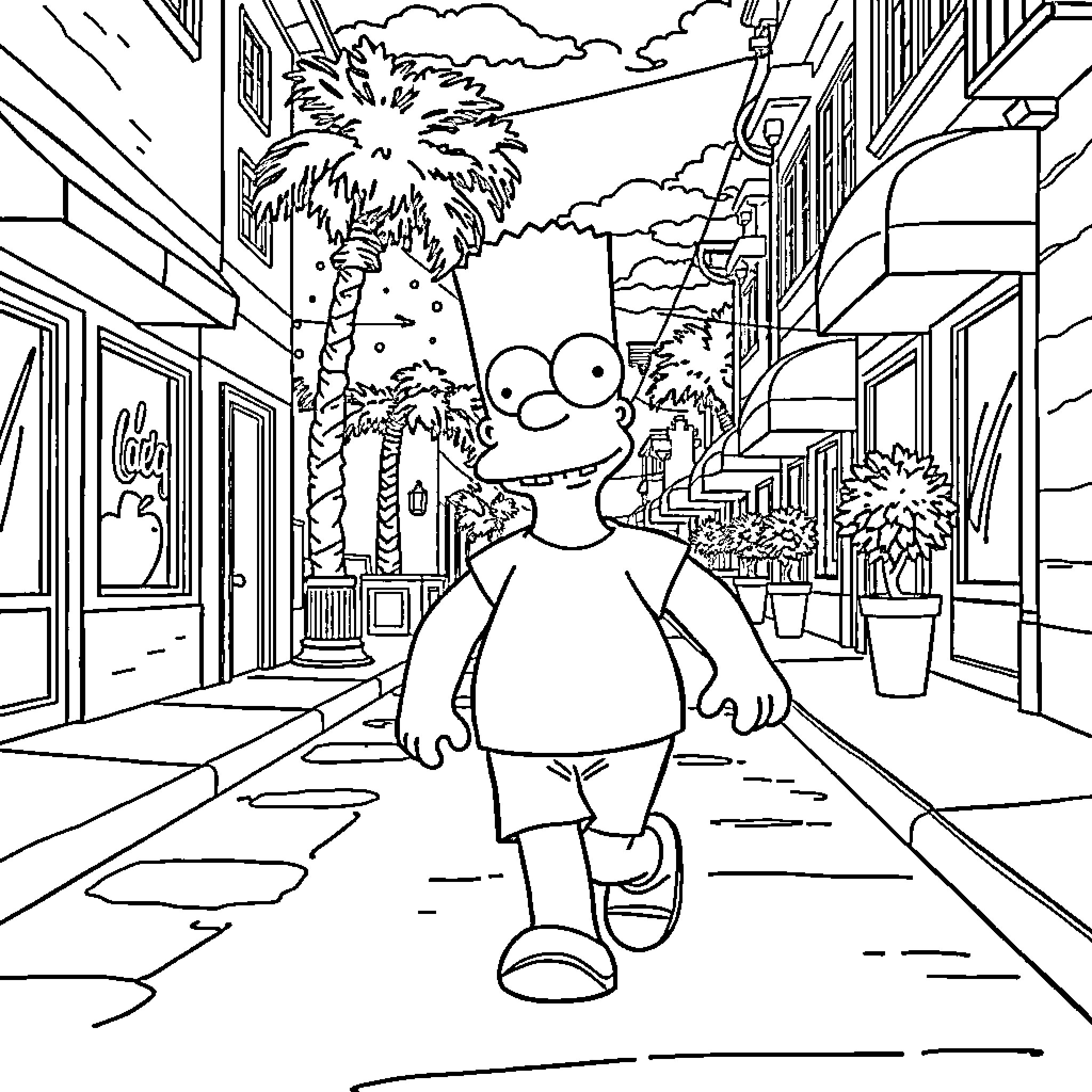 Bard strolling through a vibrant urban setting Coloring Page (free black-and-white line drawing printable PDF for all, from beginners to advanced learners, including children, teens, adults, and seniors)
