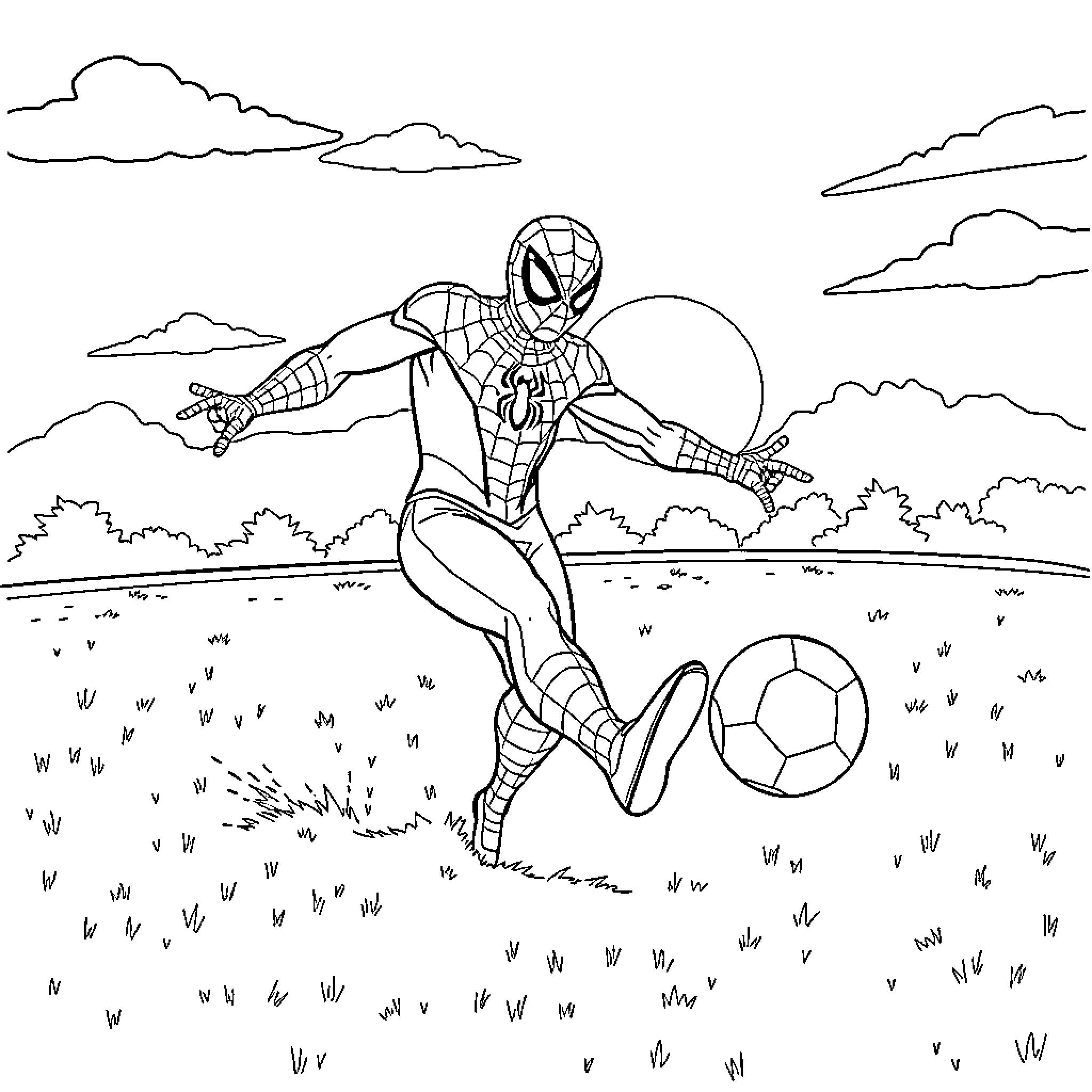 Spider-Man kicking a soccer ball in a field Coloring Page (free black-and-white line drawing printable PDF for all, from beginners to advanced learners, including children, teens, adults, and seniors)