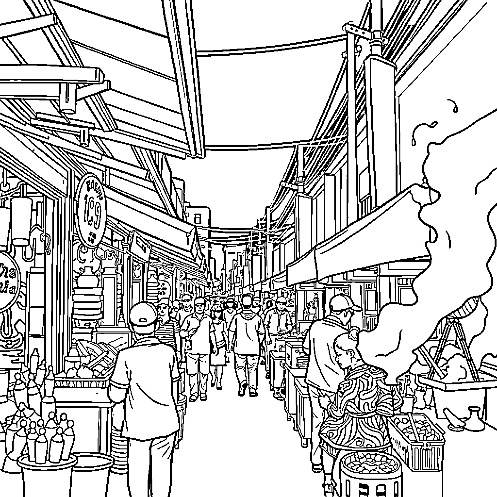 Streetfood market bustling with activity and vendors Coloring Page (free black-and-white line drawing printable PDF for all, from beginners to advanced learners, including children, teens, adults, and seniors)
