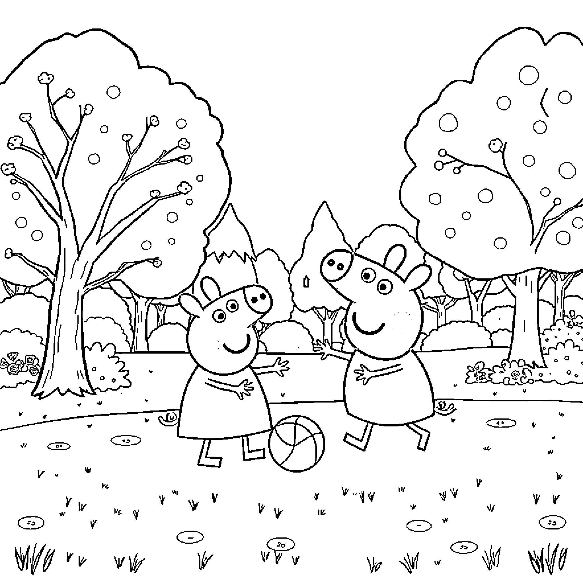 Peppa Pig and friends enjoying a playful outdoor adventure Coloring Page (free black-and-white line drawing printable PDF for all, from beginners to advanced learners, including children, teens, adults, and seniors)