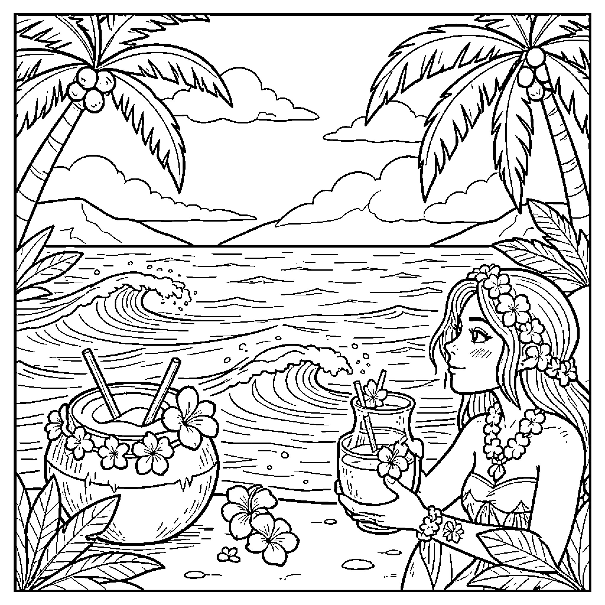 Coconut drinks being enjoyed by a girl on beach Coloring Page (free black-and-white line drawing printable PDF for all, from beginners to advanced learners, including children, teens, adults, and seniors)