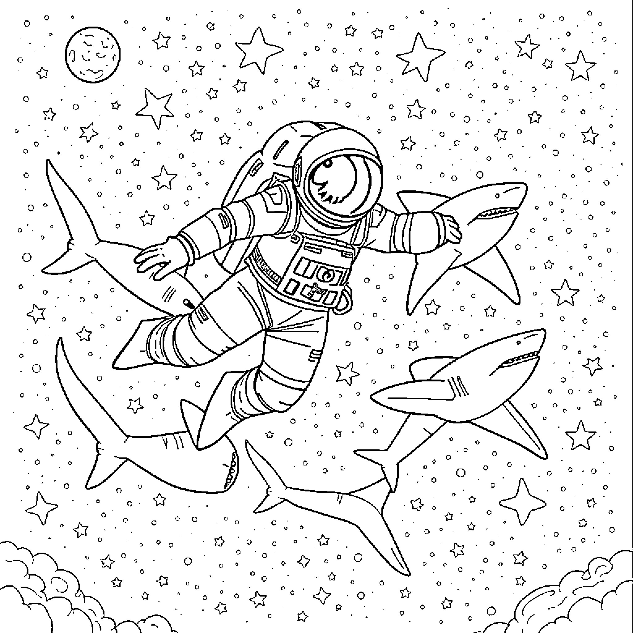 Hammerhead Shark exploring the cosmos with astronaut Coloring Page (free black-and-white line drawing printable PDF for all, from beginners to advanced learners, including children, teens, adults, and seniors)