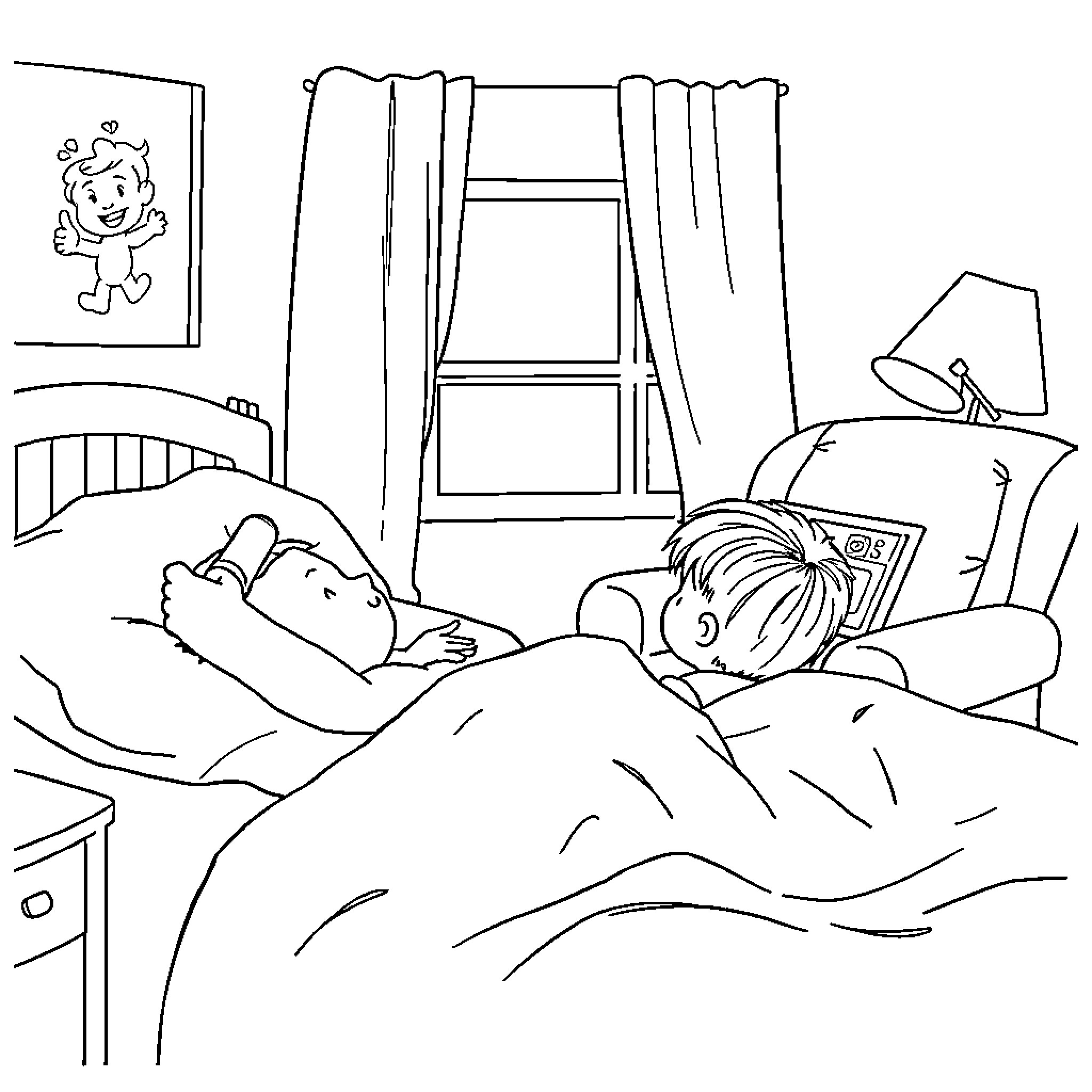 Child sleeping peacefully in bedroom Coloring Page (free black-and-white line drawing printable PDF for all, from beginners to advanced learners, including children, teens, adults, and seniors)
