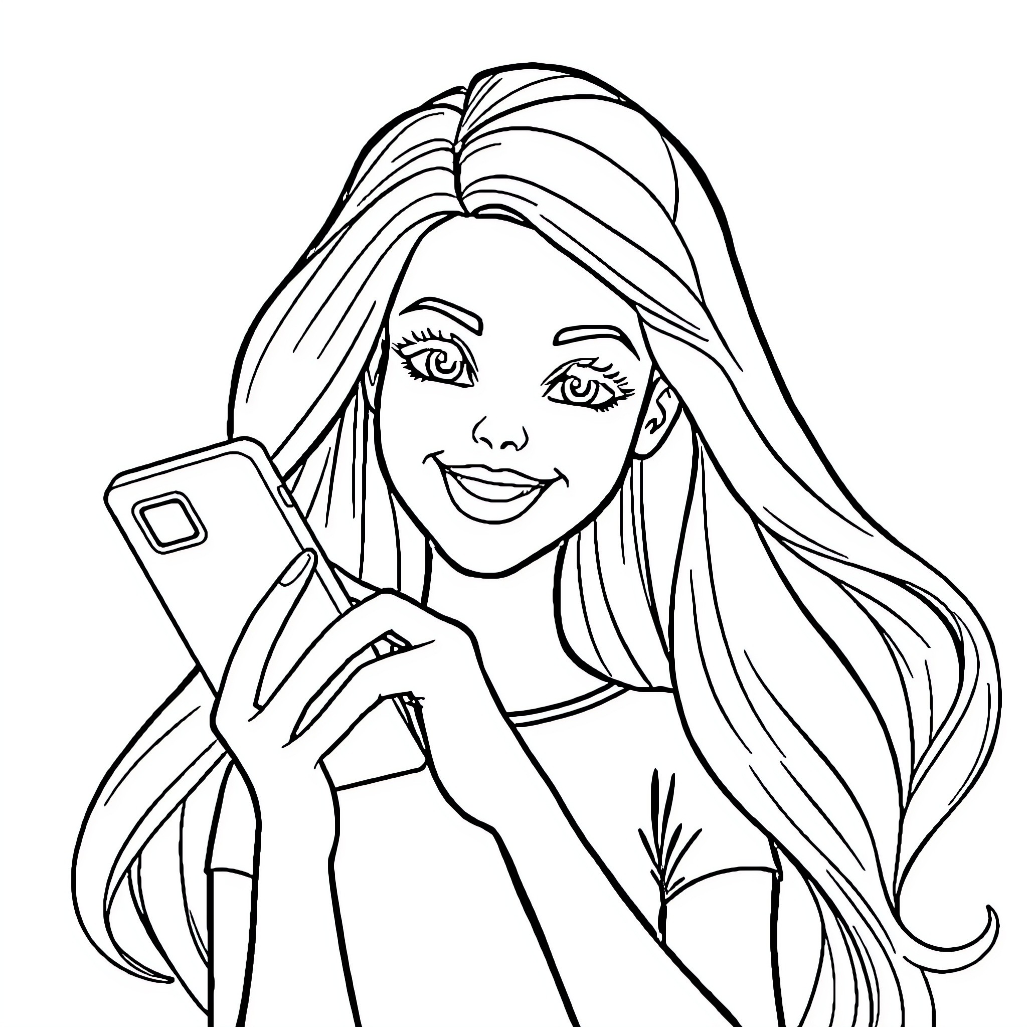Barby taking a selfie with her phone Coloring Page (free black-and-white line drawing printable PDF for all, from beginners to advanced learners, including children, teens, adults, and seniors)