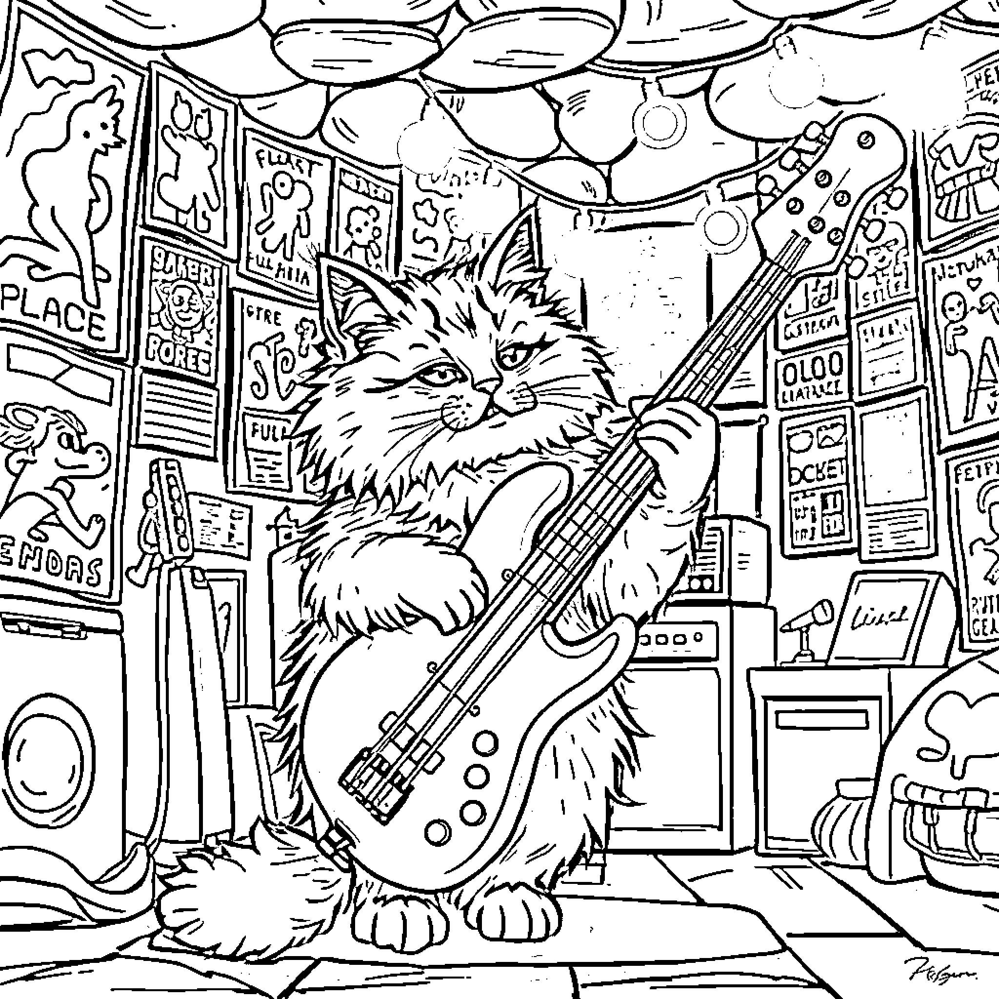 Cat playing with guitar in a music shop Coloring Page (free black-and-white line drawing printable PDF for all, from beginners to advanced learners, including children, teens, adults, and seniors)