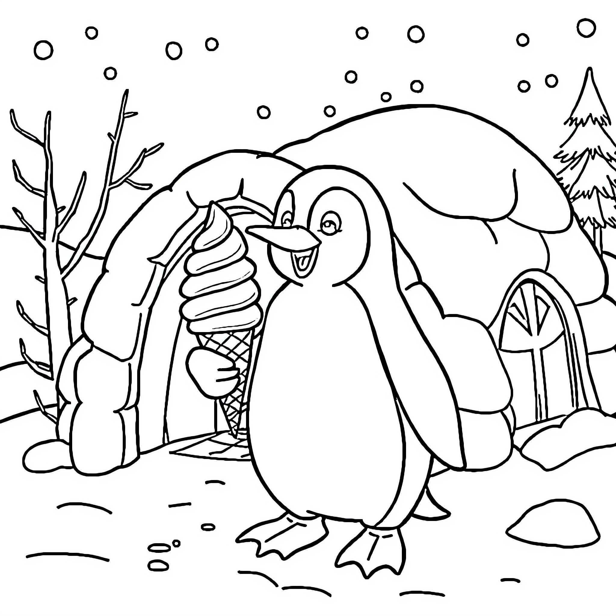 Penguin enjoying a winter treat Coloring Page (free black-and-white line drawing printable PDF for all, from beginners to advanced learners, including children, teens, adults, and seniors)