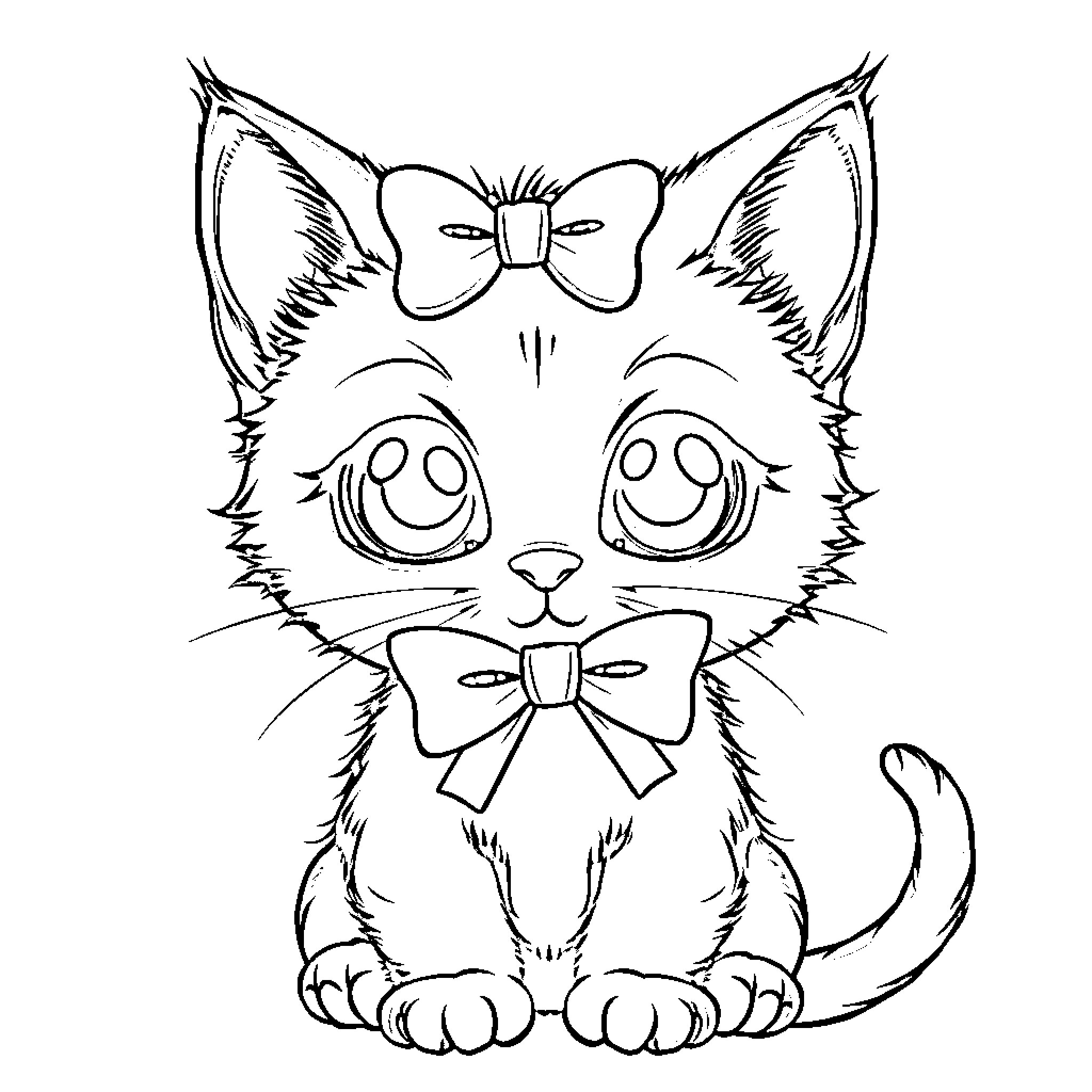Kitten with Adorable Bows Coloring Page (free black-and-white line drawing printable PDF for all, from beginners to advanced learners, including children, teens, adults, and seniors)