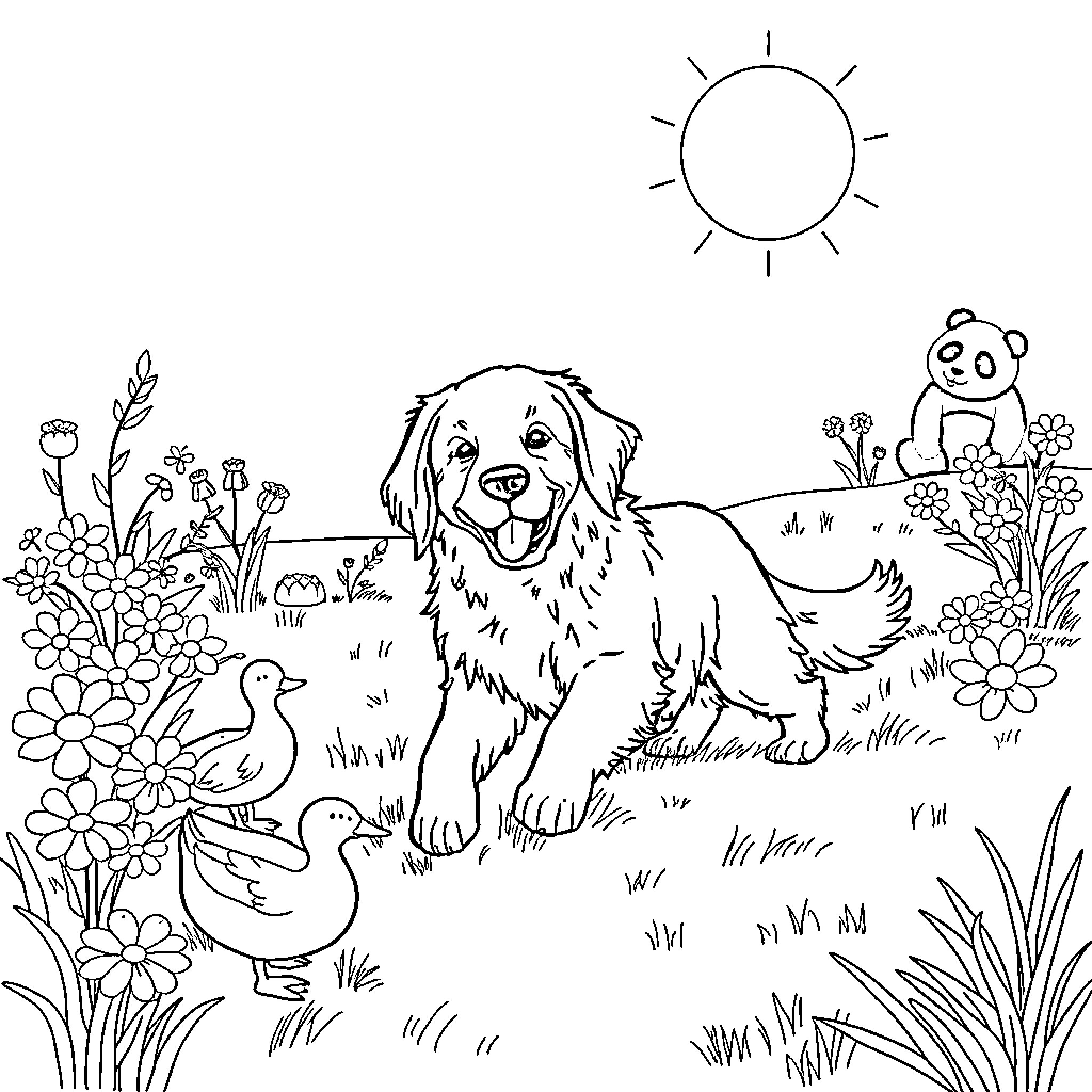 Golden Retriever playing joyfully in nature Coloring Page (free black-and-white line drawing printable PDF for all, from beginners to advanced learners, including children, teens, adults, and seniors)