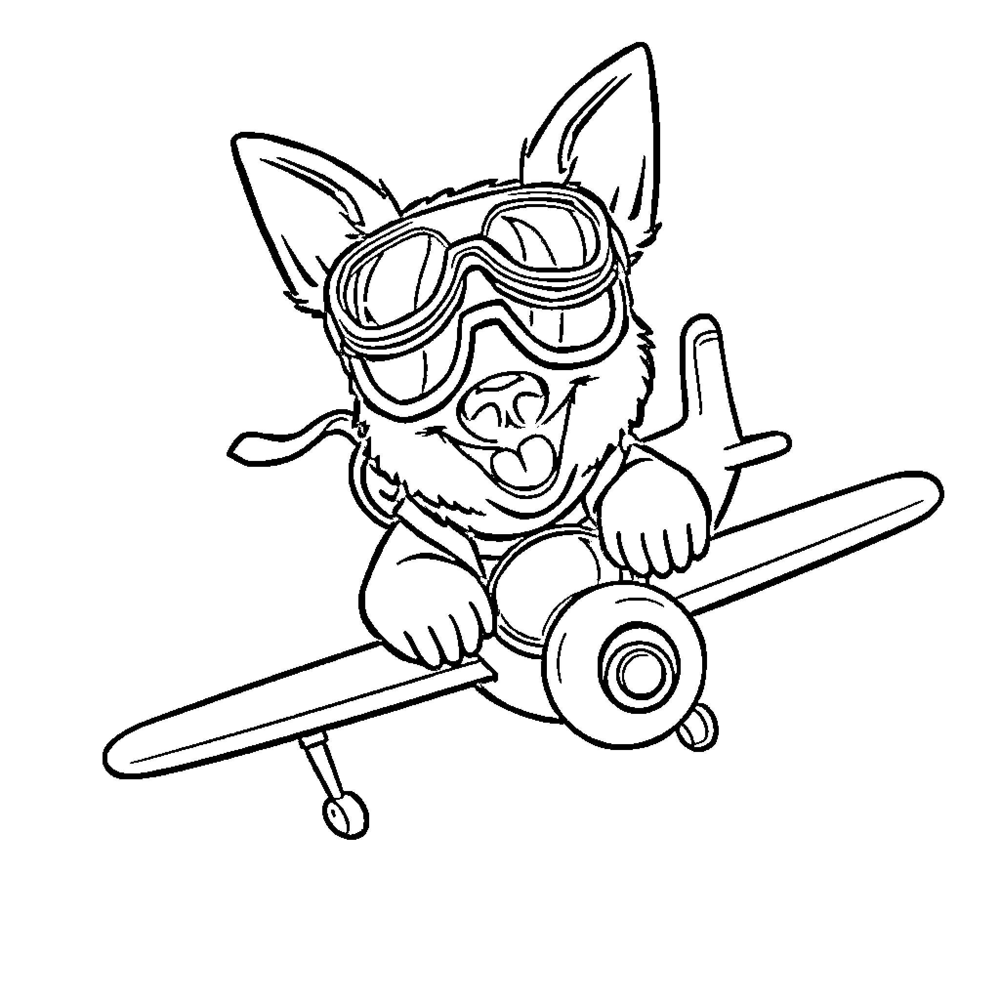 Dog Pilot Flying Toy Airplane in Goggles Coloring Page (free black-and-white line drawing printable PDF for all, from beginners to advanced learners, including children, teens, adults, and seniors)