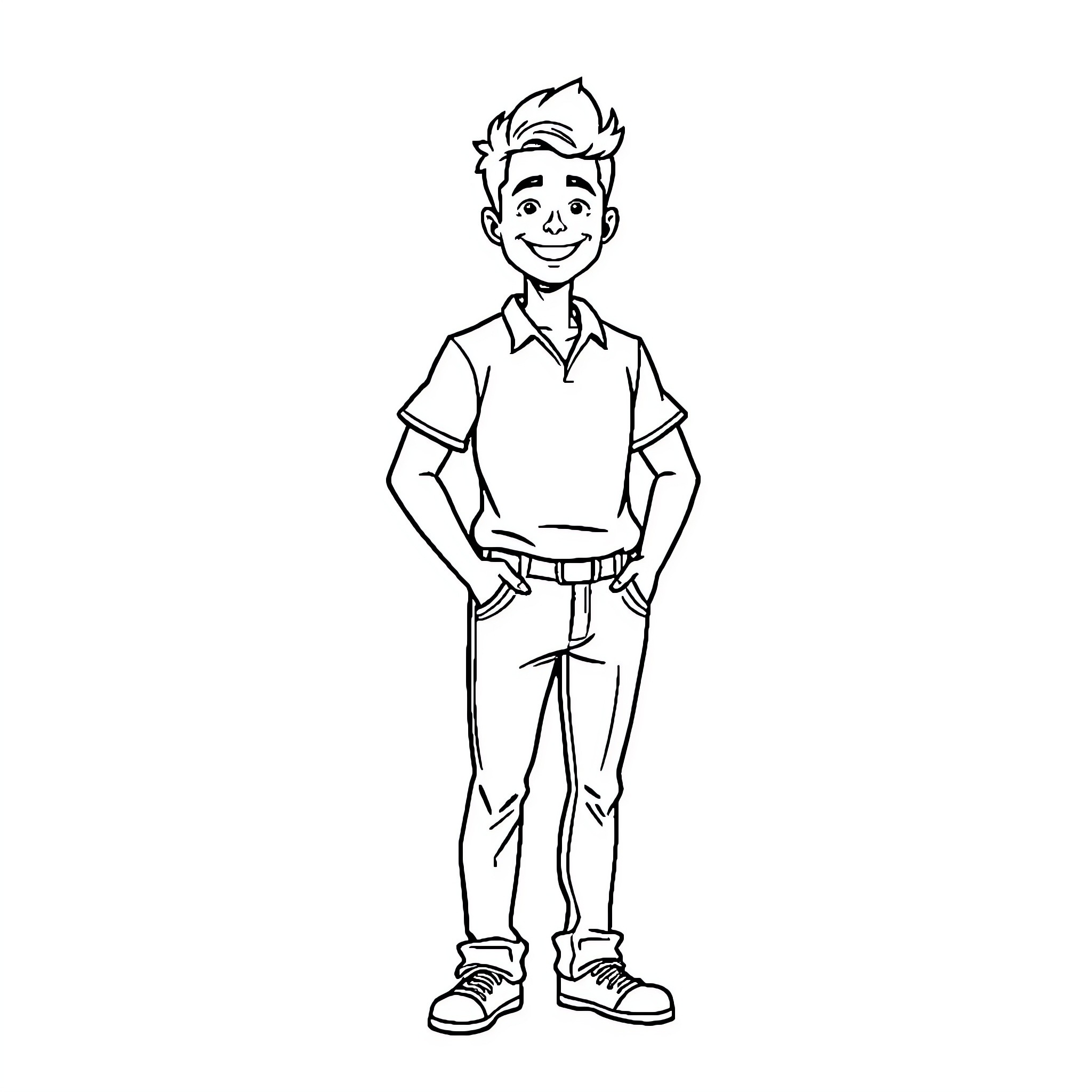 Adult smiling happily in casual outfit Coloring Page (free black-and-white line drawing printable PDF for all, from beginners to advanced learners, including children, teens, adults, and seniors)
