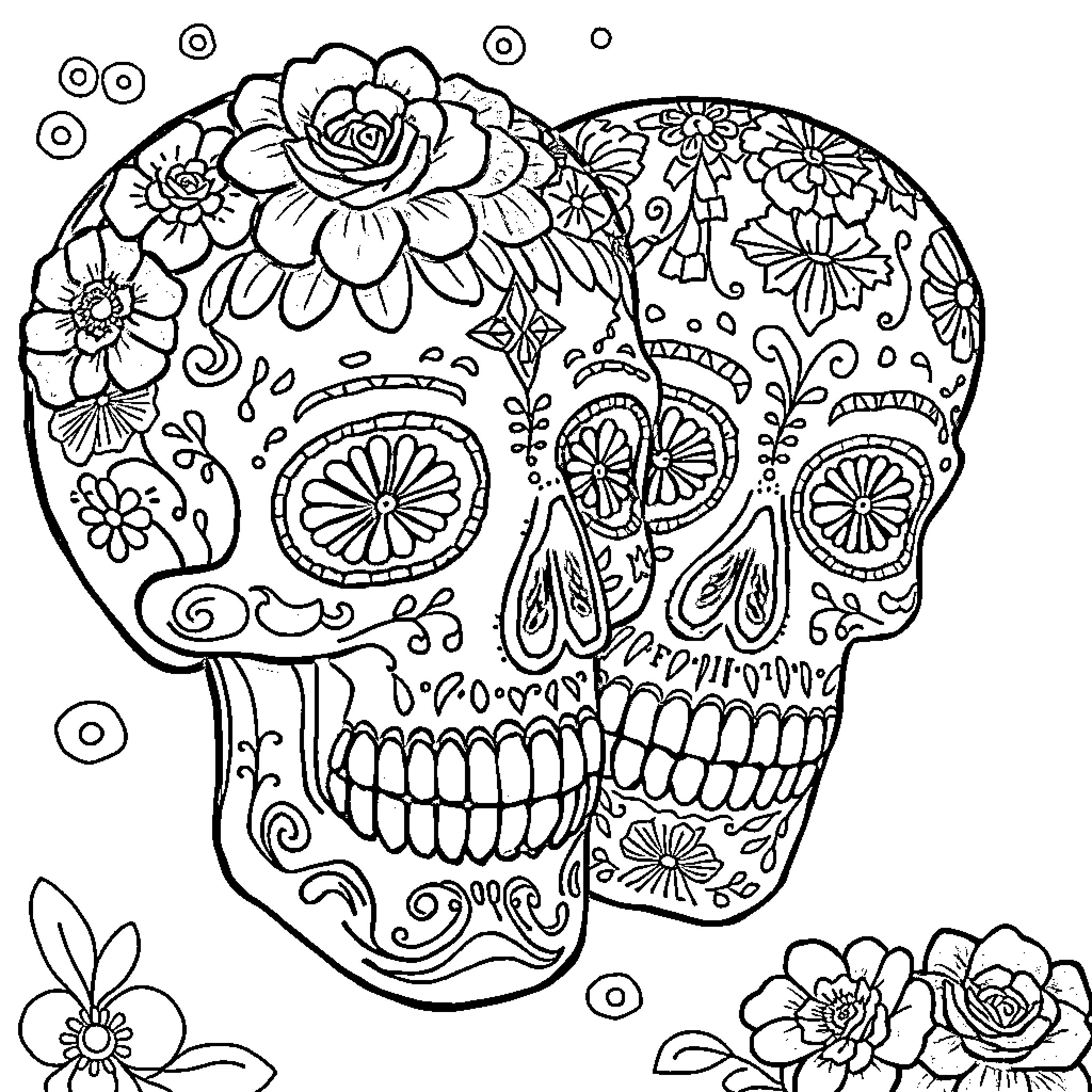 Sugar Skull with Floral Motifs and Decorative Patterns Coloring Page (free black-and-white line drawing printable PDF for all, from beginners to advanced learners, including children, teens, adults, and seniors)