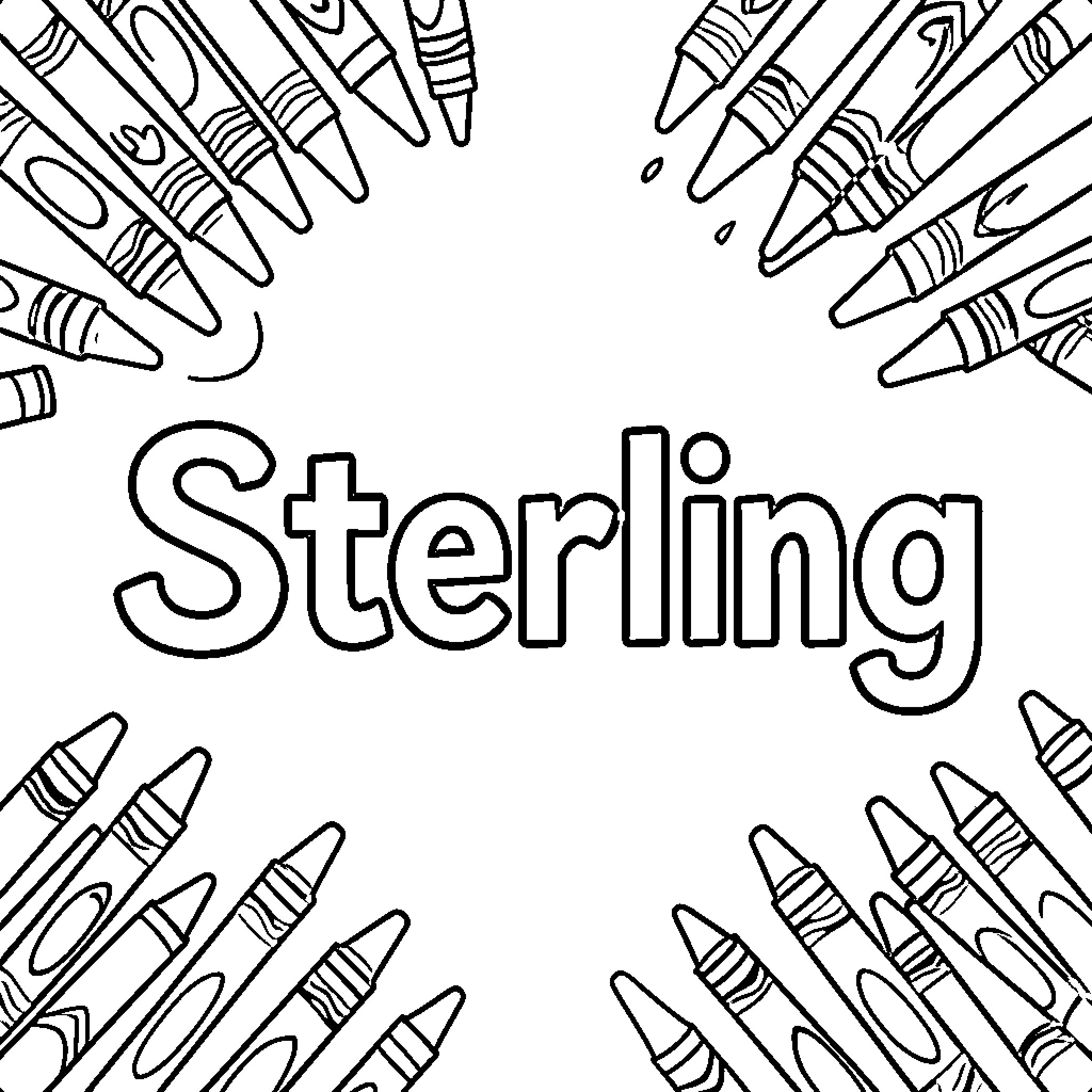 Sterling surrounded by various artistic tools Coloring Page (free black-and-white line drawing printable PDF for all, from beginners to advanced learners, including children, teens, adults, and seniors)